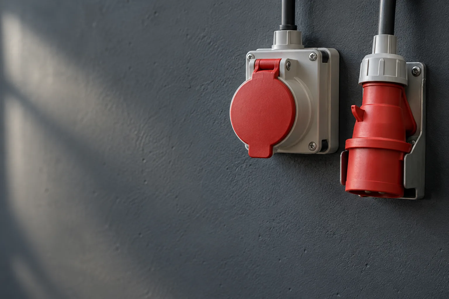 KI-generierte Illustration: Ein geschlossener roter industrieller Drehstromstecker hängt rechts neben einer intakten geschlossenen Steckdose an einer sauberen Werkstattwand.