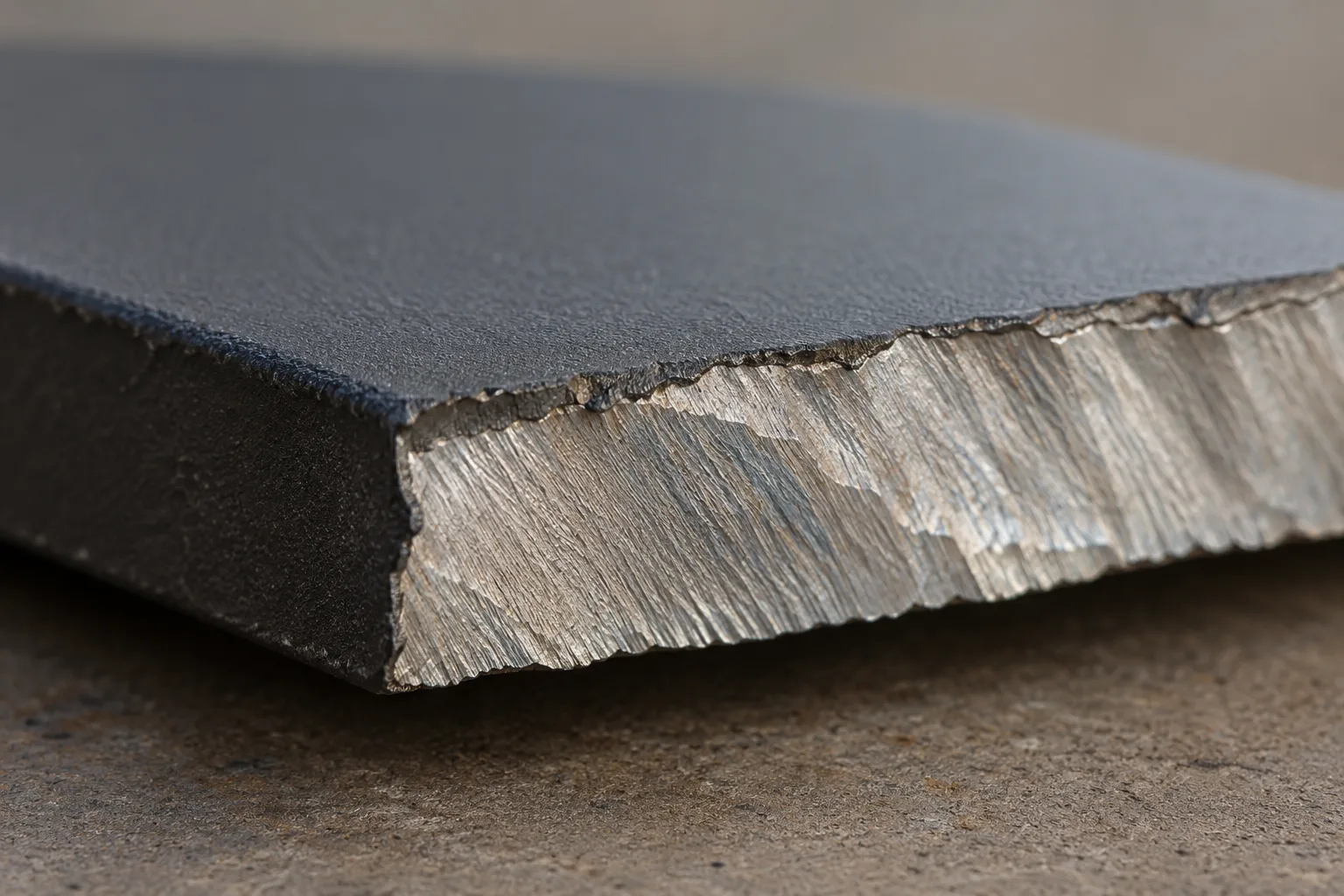 KI-generierte Illustration: Die Abbruchkante einer intakten beschichteten Metallprobe zeigt den Unterschied zwischen Oberfläche und Grundmetall.