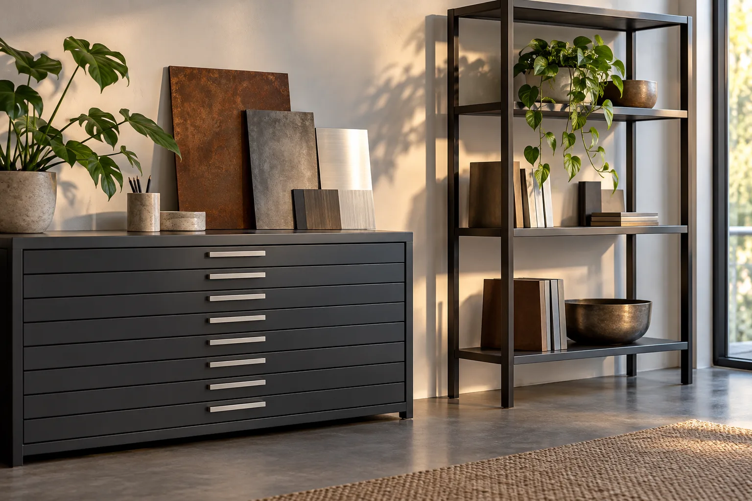 KI-generierte Illustration: Eine geschlossene Materialproben-Schublade und ein fertiges lackiertes Metallregal stehen in einem modernen Planungsbüro.