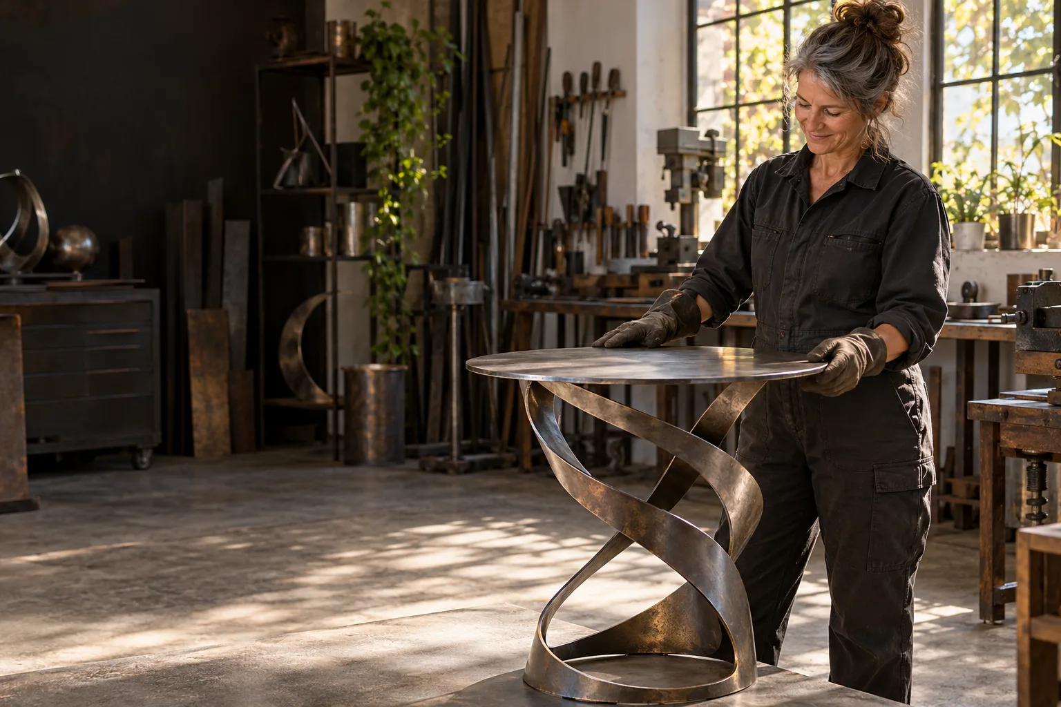 KI-generierte Illustration: Eine Metallwerkerin betrachtet einen fertigen skulpturalen Beistelltisch in einer sonnigen Werkstatt.