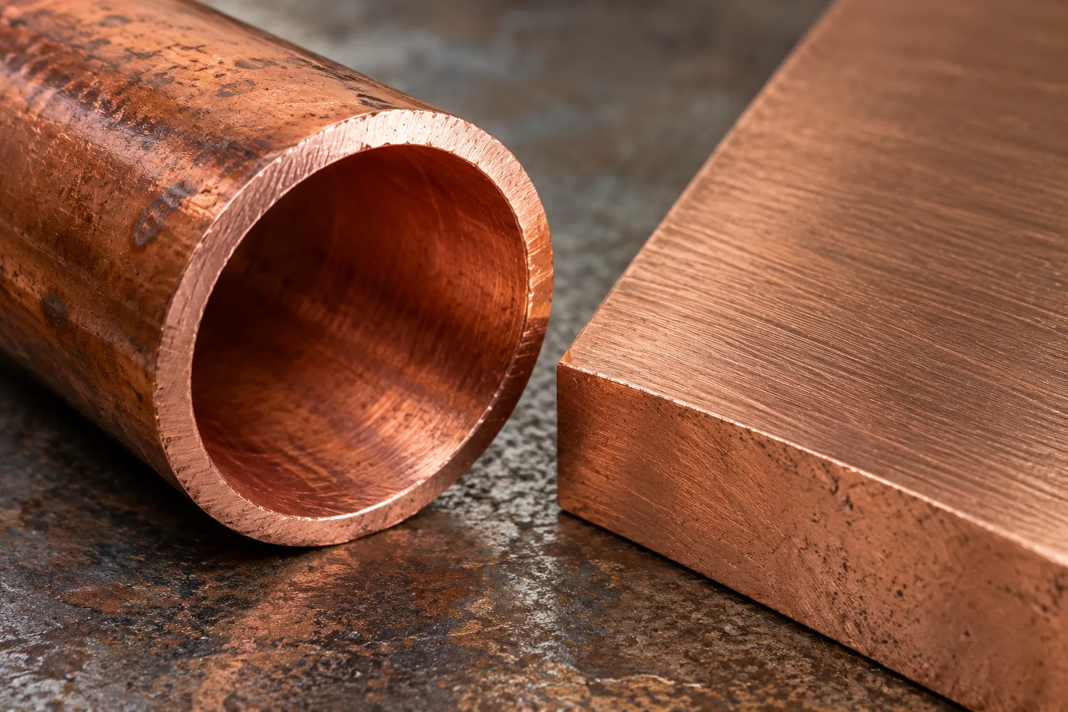 KI-generierte Illustration: Die Schnittkante eines kalten Kupferrohrs und eine gebürstete massive Kupferprobe sind im Detail zu sehen.