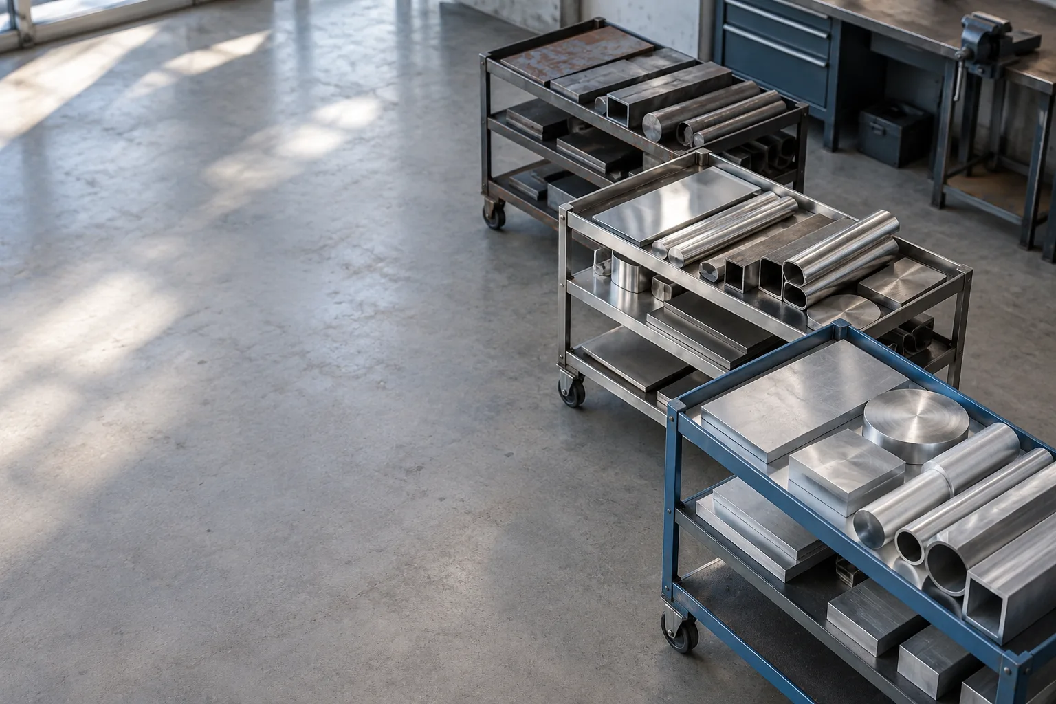 KI-generierte Illustration: Drei deutlich getrennte kleine Ablagewagen enthalten rechts jeweils Stahl-, Edelstahl- und Aluminiumproben in einer sauberen Werkstatt.