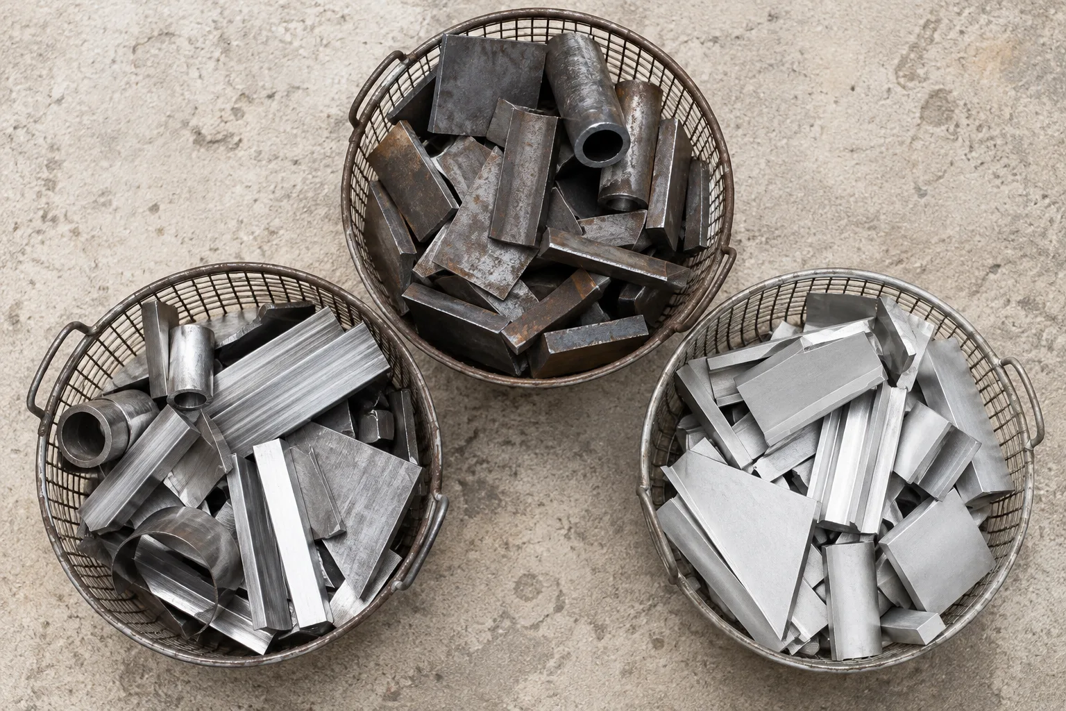 KI-generierte Illustration: Drei getrennte Körbe mit stahldunklen, gebürstet silbrigen und hellmatten Metallresten sind in einer Draufsicht sichtbar.