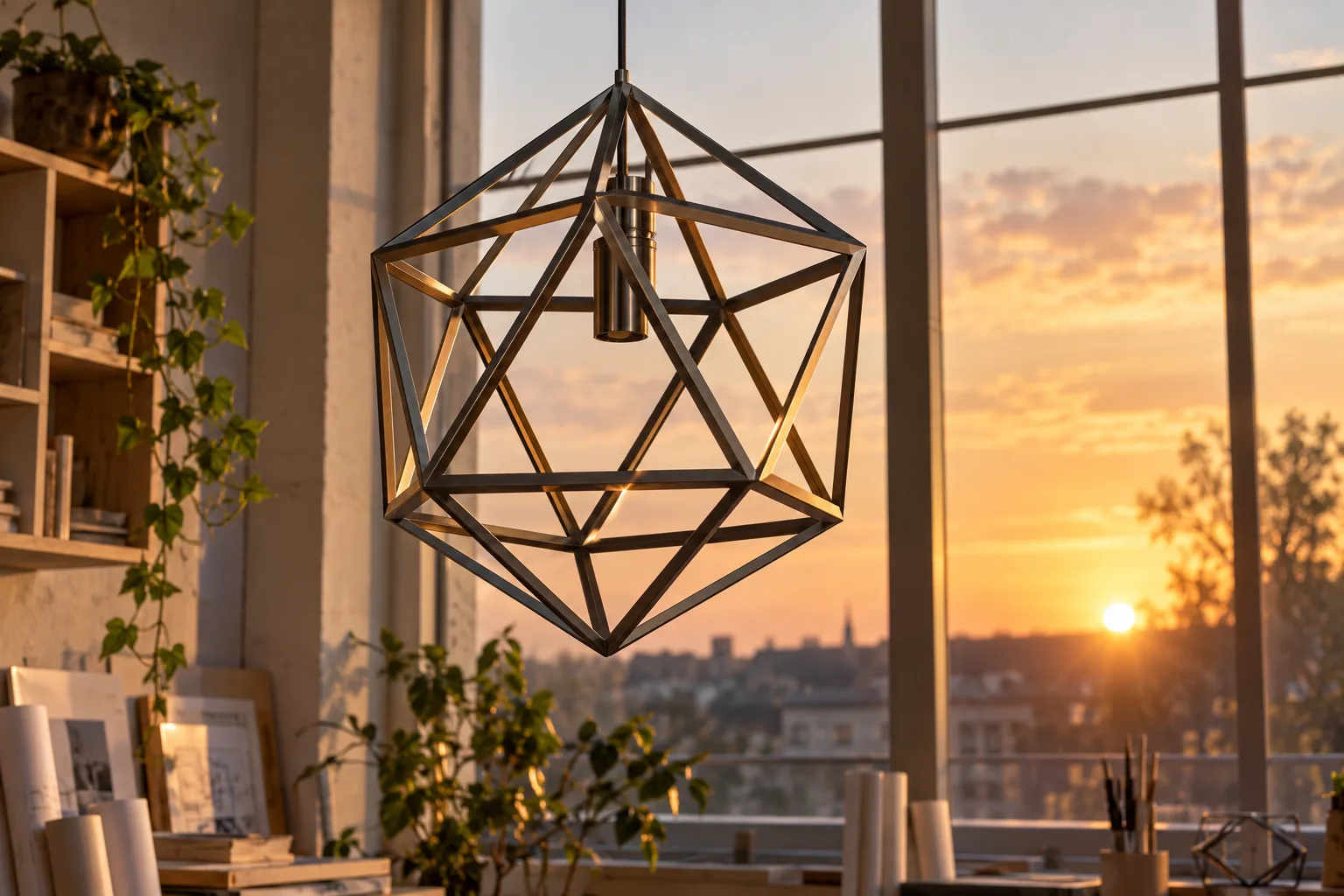 KI-generierte Illustration: Ein fertiger geometrischer Metall-Leuchtenrahmen hängt in einer ruhigen Architektenwerkstatt vor einem hellen Fenster.