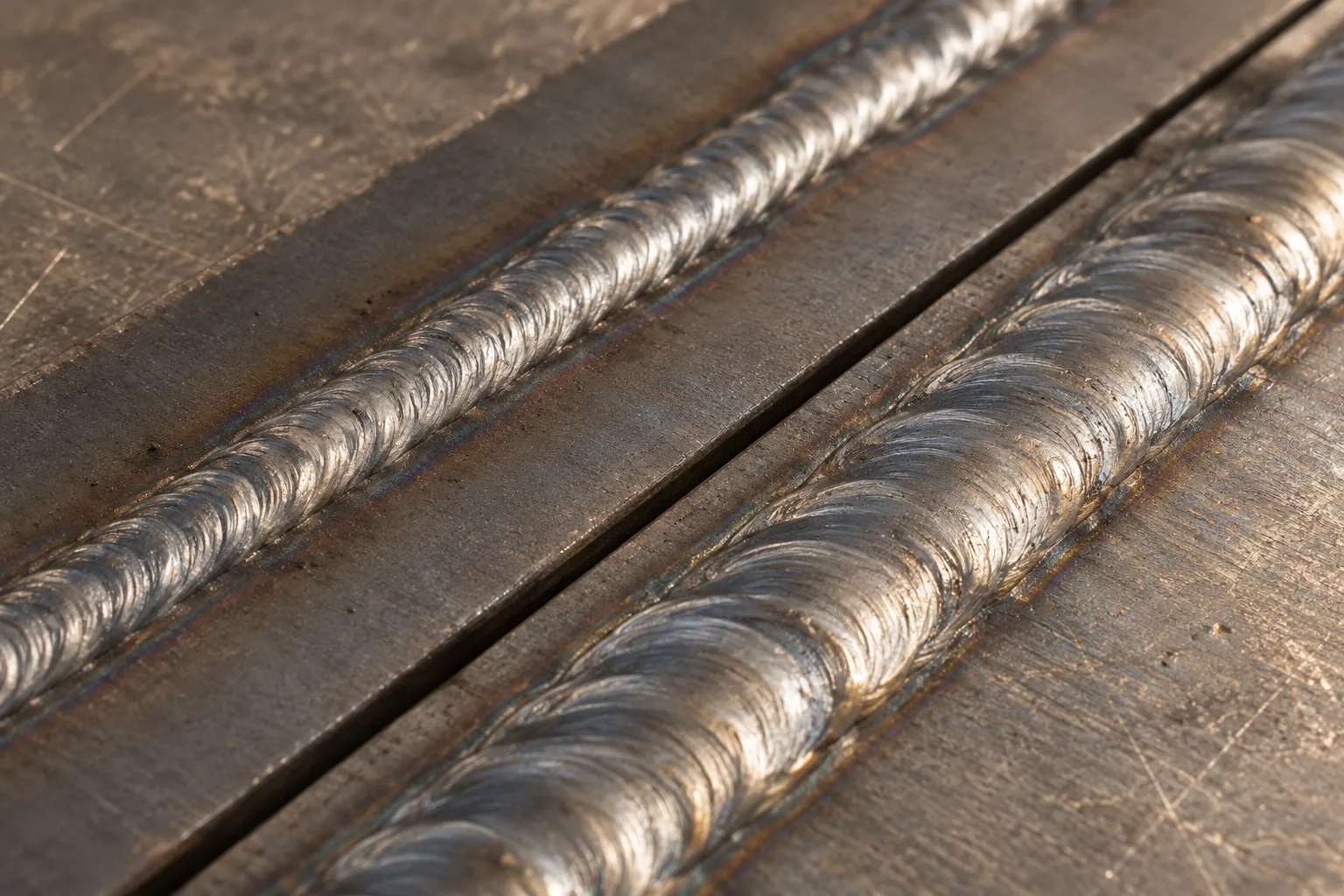 KI-generierte Illustration: Detailansicht einer feinen und einer breiteren Schweißraupe auf zwei nebeneinanderliegenden Metallproben.