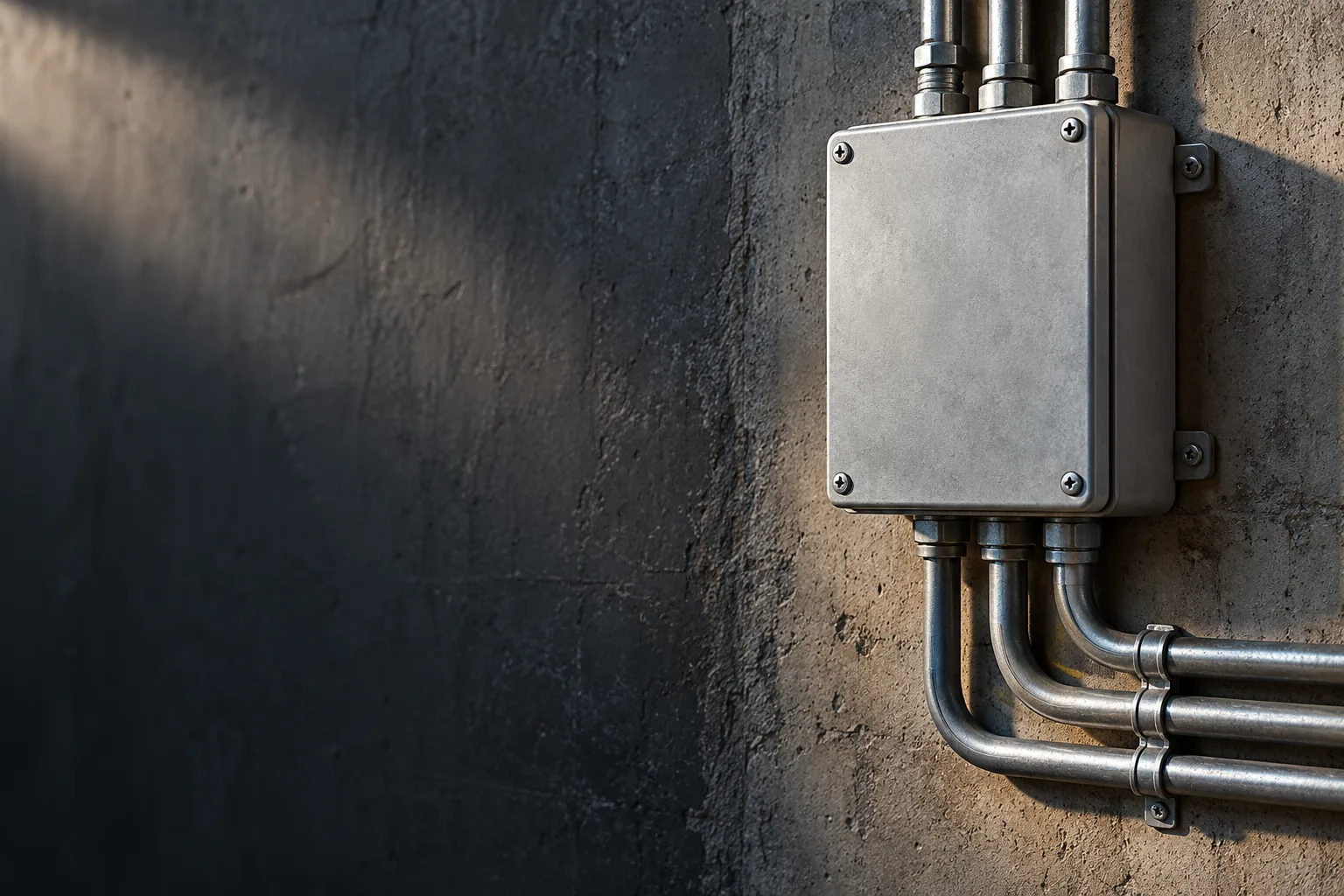 KI-generierte Illustration: Ein geschlossener industrieller Anschlusskasten befindet sich rechts an einer rauen Werkstattwand über ordentlich befestigten Leitungen.