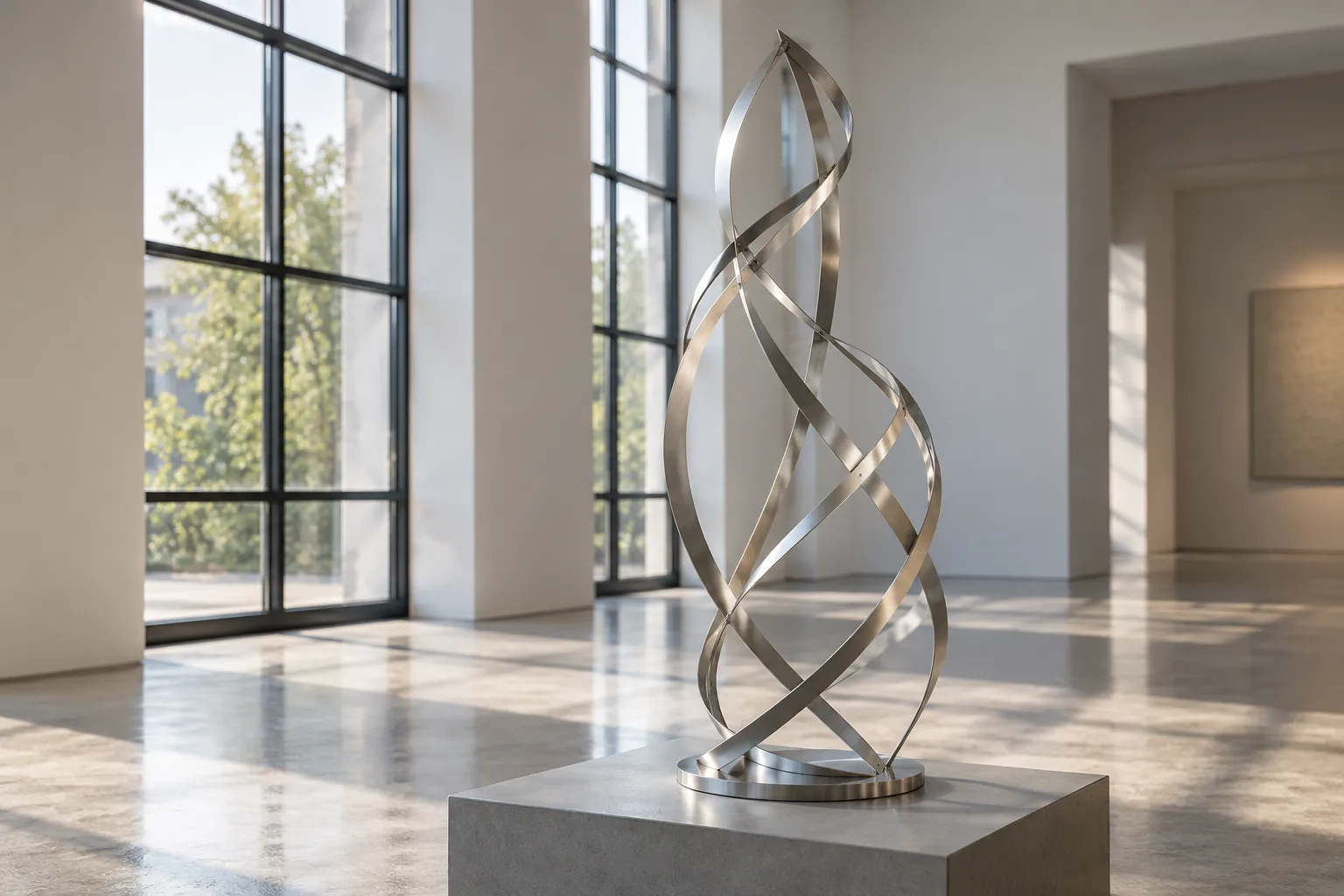 KI-generierte Illustration: Eine filigrane fertige Edelstahl-Skulptur steht in einem stillen Ausstellungsraum auf einem niedrigen grauen Podest.