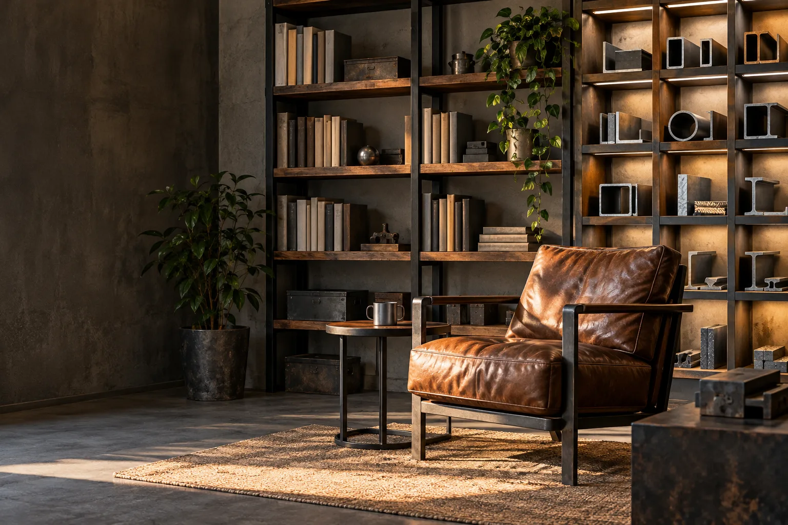 KI-generierte Illustration: Technische Bücher und Metallproben sind in einer ruhigen Leseecke in getrennten Regalfächern geordnet.