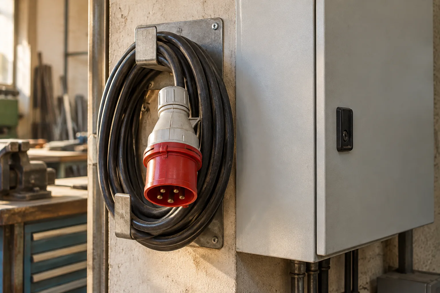 KI-generierte Illustration: Eine getrennte Anschlussleitung liegt vor einem geschlossenen Elektrogehäuse.