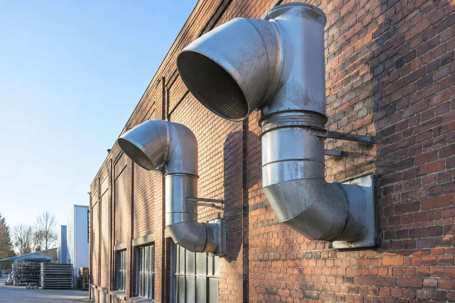 KI-generierte Illustration: Lüftungsauslässe an der Außenfassade einer Industriehalle.