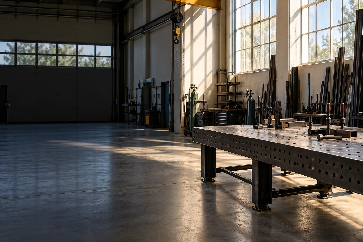 KI-generierte Illustration: Ein großer Schweißtisch steht mit freiem Arbeitsraum in einer hellen Halle.