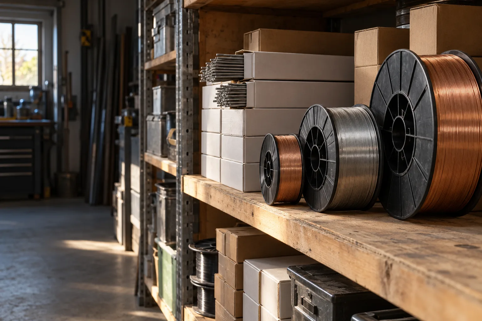 KI-generierte Illustration: Drahtspulen und geschlossene Elektrodenbehälter stehen im Materiallager.