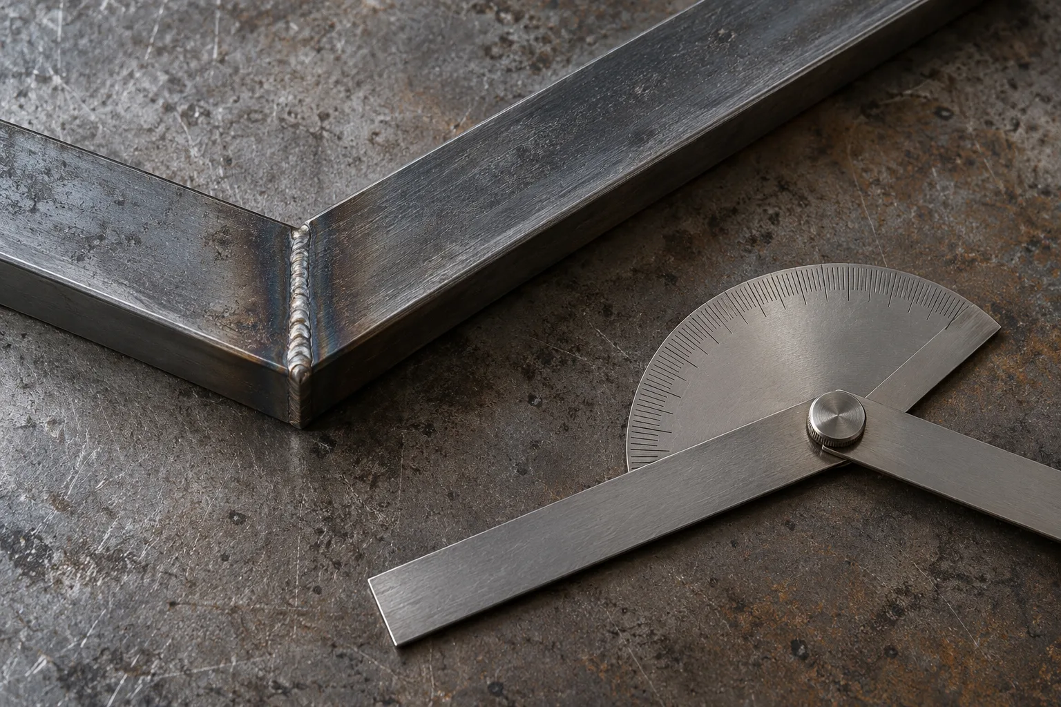 KI-generierte Illustration: Eine ruhende Metall-Eckverbindung und ein einfacher unbeschrifteter Winkelmesser liegen nebeneinander.