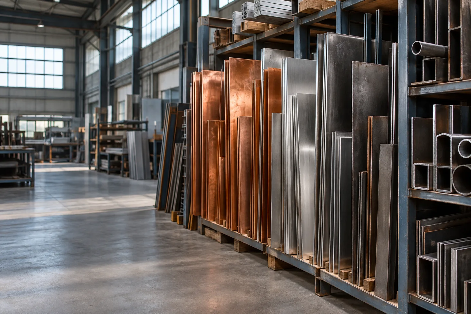 KI-generierte Illustration: Unterschiedliche Metallbleche und Hohlprofile stehen in einem hohen Materialregal.