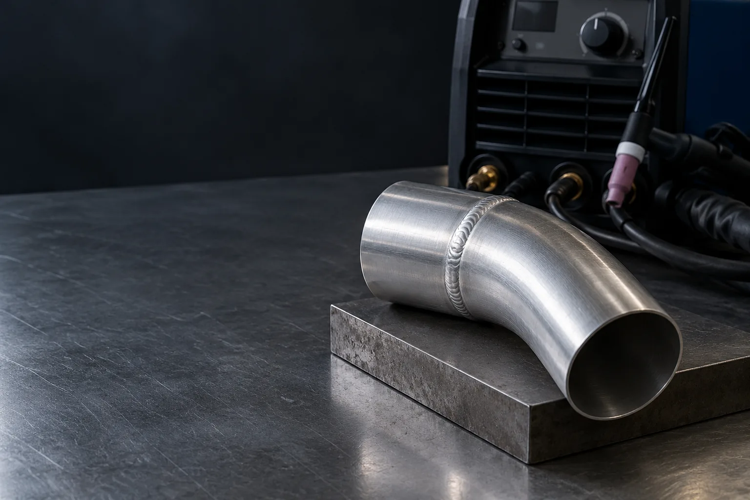 KI-generierte Illustration: Ein kalter sauber gefügter Aluminium-Rohrbogen liegt rechts vor einer ausgeschalteten WIG-Stromquelle auf einem grauen Metallsockel.