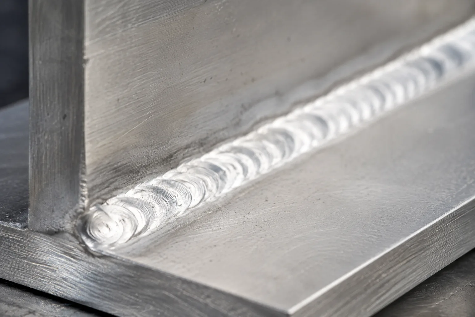 KI-generierte Illustration: Eine kleine Aluminium-Eckprobe mit heller Schweißraupe und matter angrenzender Oberfläche füllt die Aufnahme.