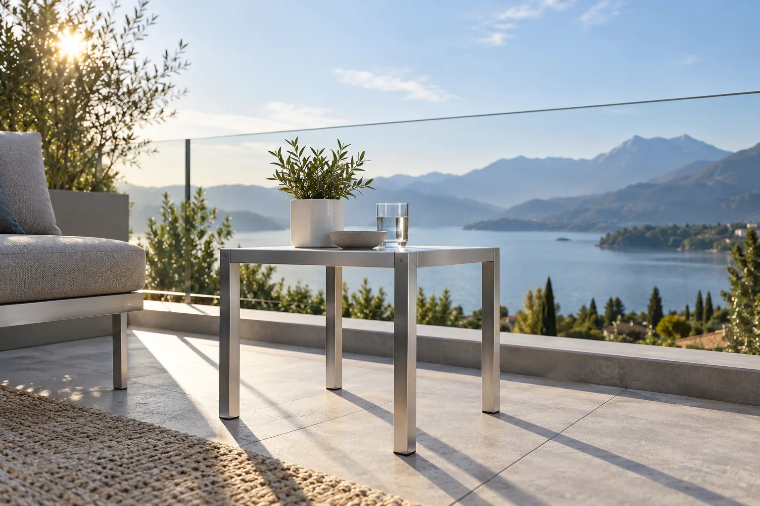 KI-generierte Illustration: Ein fertig gebauter schlanker Aluminium-Beistelltisch steht auf einem hellen Balkon mit weitem Himmel im Hintergrund.