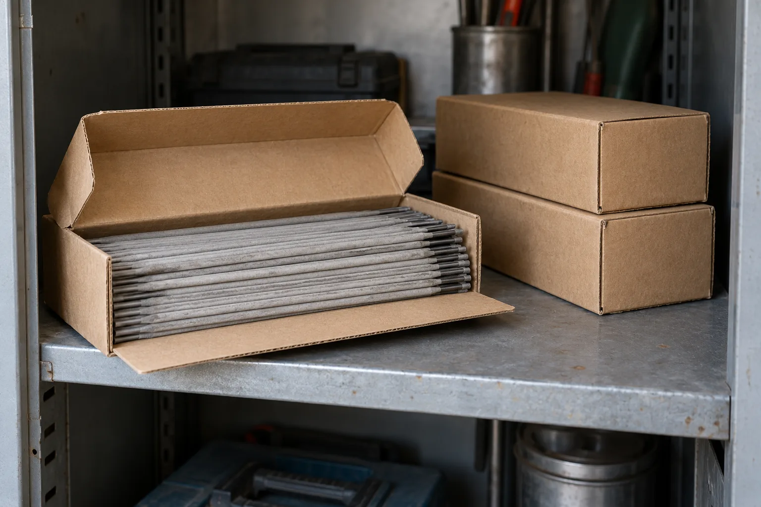 KI-generierte Illustration: Umhüllte Stabelektroden liegen in einem geöffneten Karton im trockenen Materialschrank.