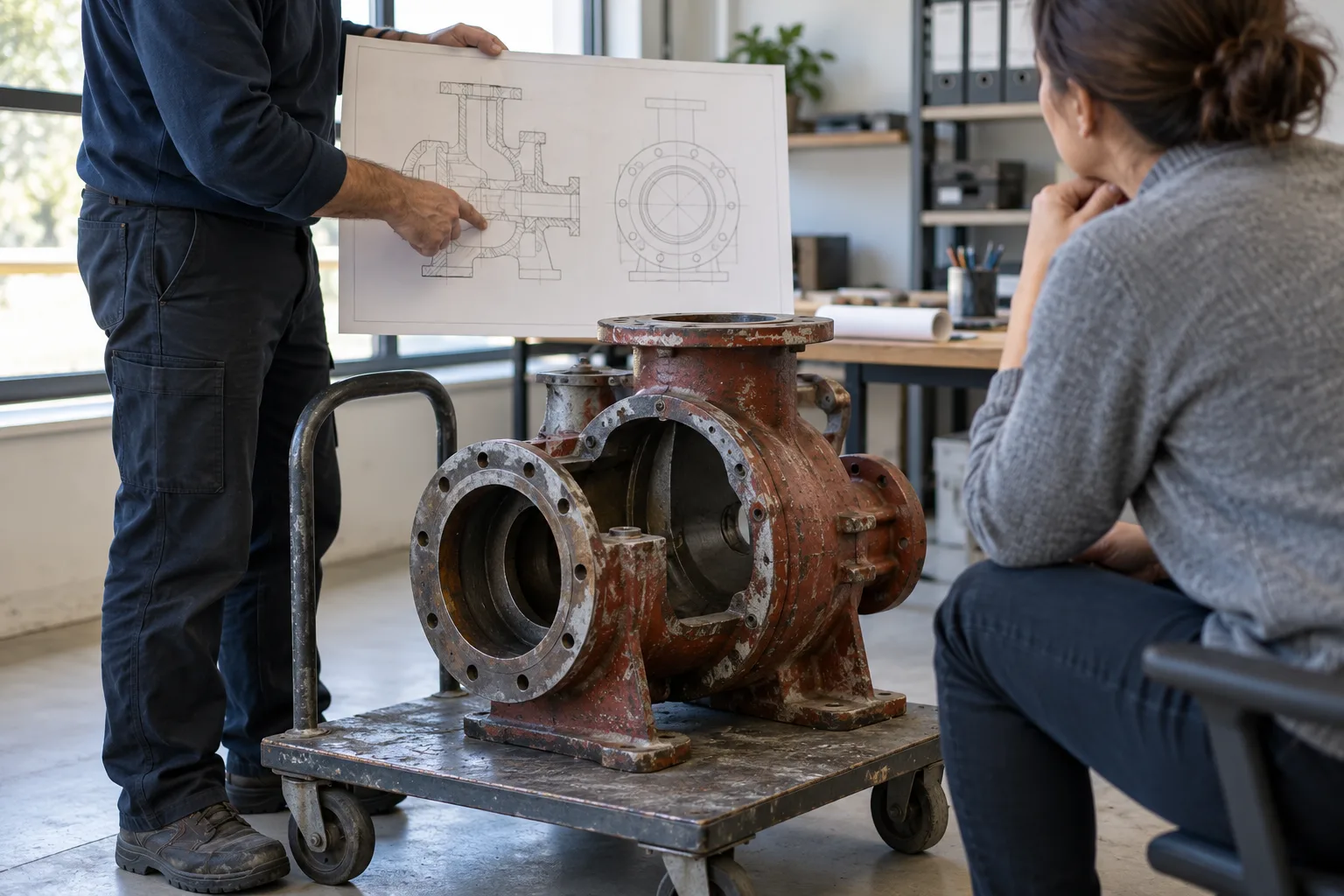 KI-generierte Illustration: Zwei Menschen besprechen ein ausgebautes Pumpengehäuse anhand einer unbeschrifteten Bauteilskizze.
