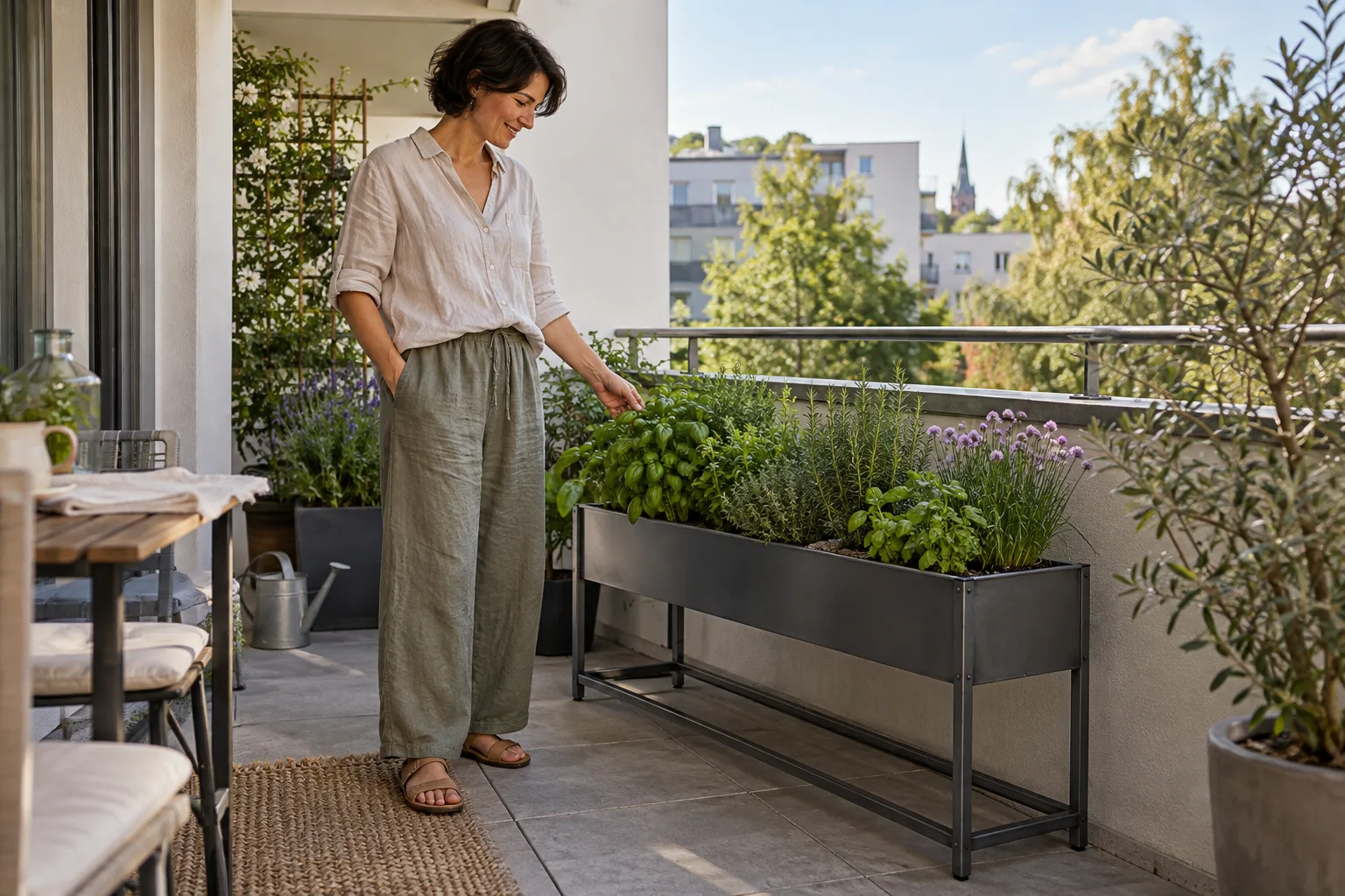 KI-generierte Illustration: Eine Frau betrachtet ihren bepflanzten Metallständer auf einem geschützten hellen Balkon.