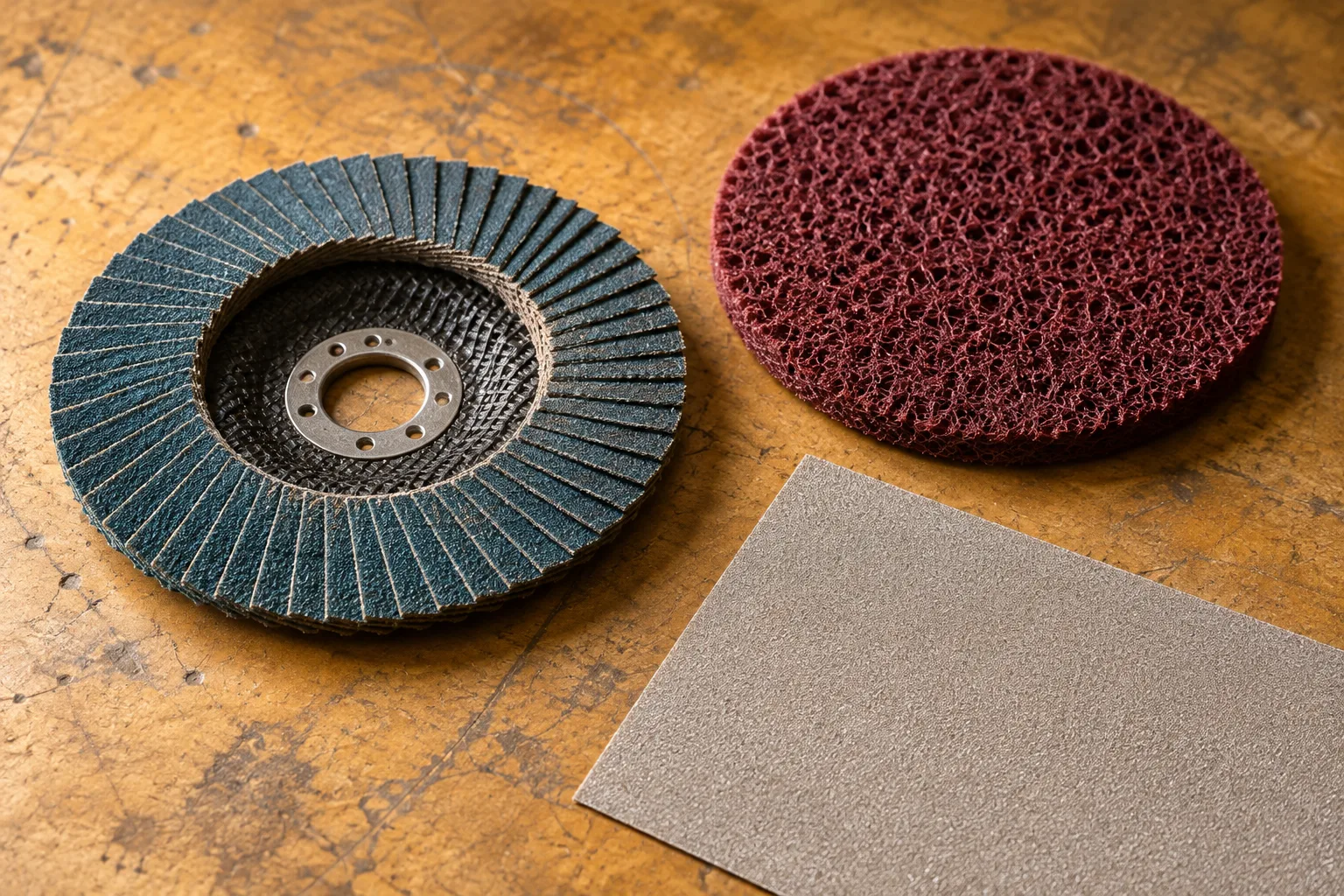 KI-generierte Illustration: Eine Lamellenscheibe, eine Vliesscheibe und ein feines Schleifblatt liegen mit Abstand auf einer warmfarbigen Matte.