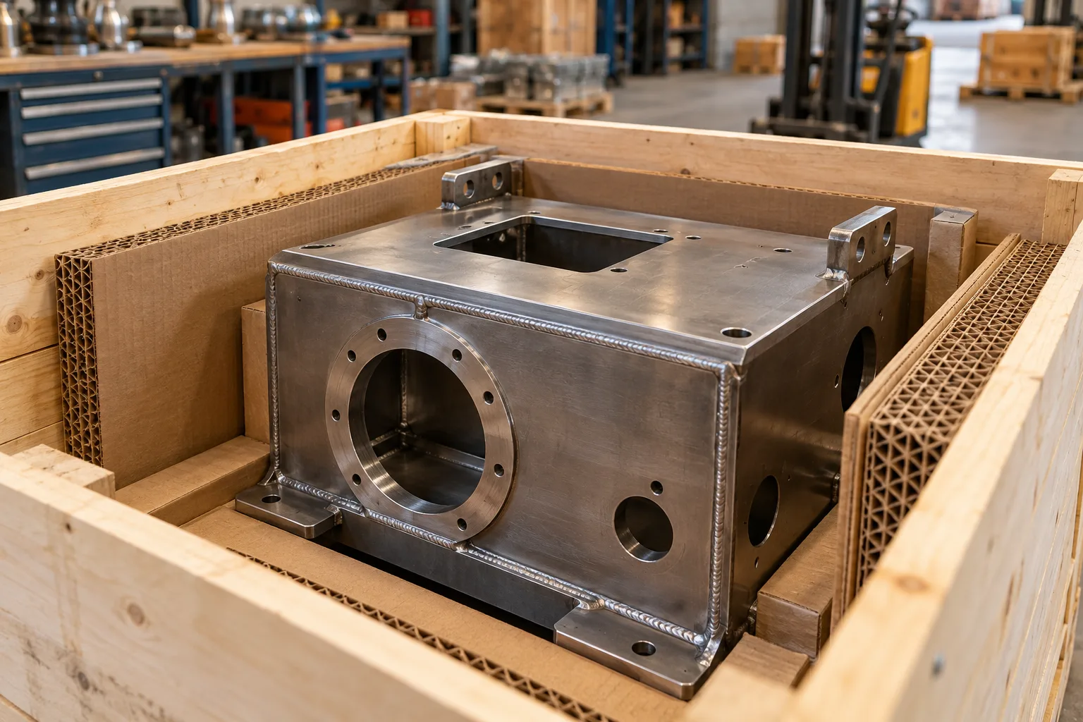 KI-generierte Illustration: Eine fertige kleine Metallbaugruppe liegt mit Schutzverpackung in einer offenen Holzkiste.