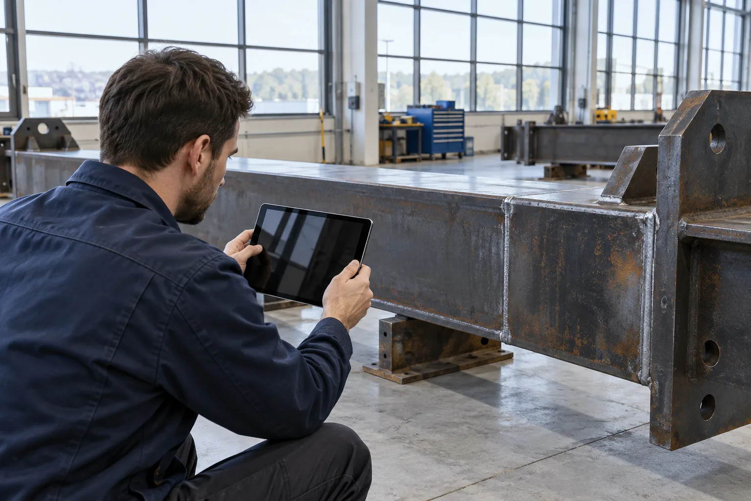 KI-generierte Illustration: Eine Person dokumentiert mit einem Tablet eine kalte Naht an einer Stahltraverse.