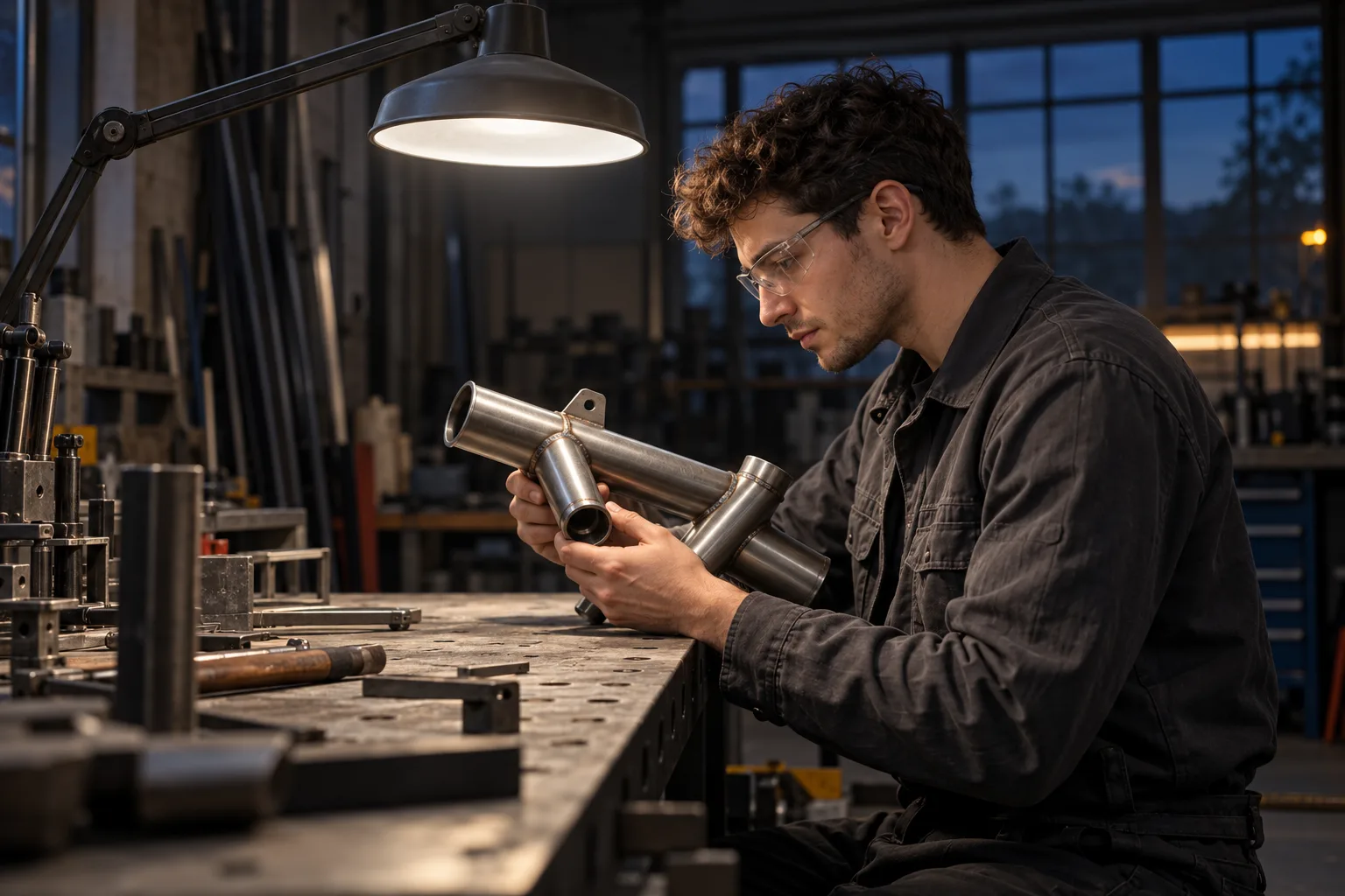 KI-generierte Illustration: Ein junger Metallarbeiter betrachtet ein kaltes Rohrbauteil im Licht einer breiten Arbeitsleuchte.