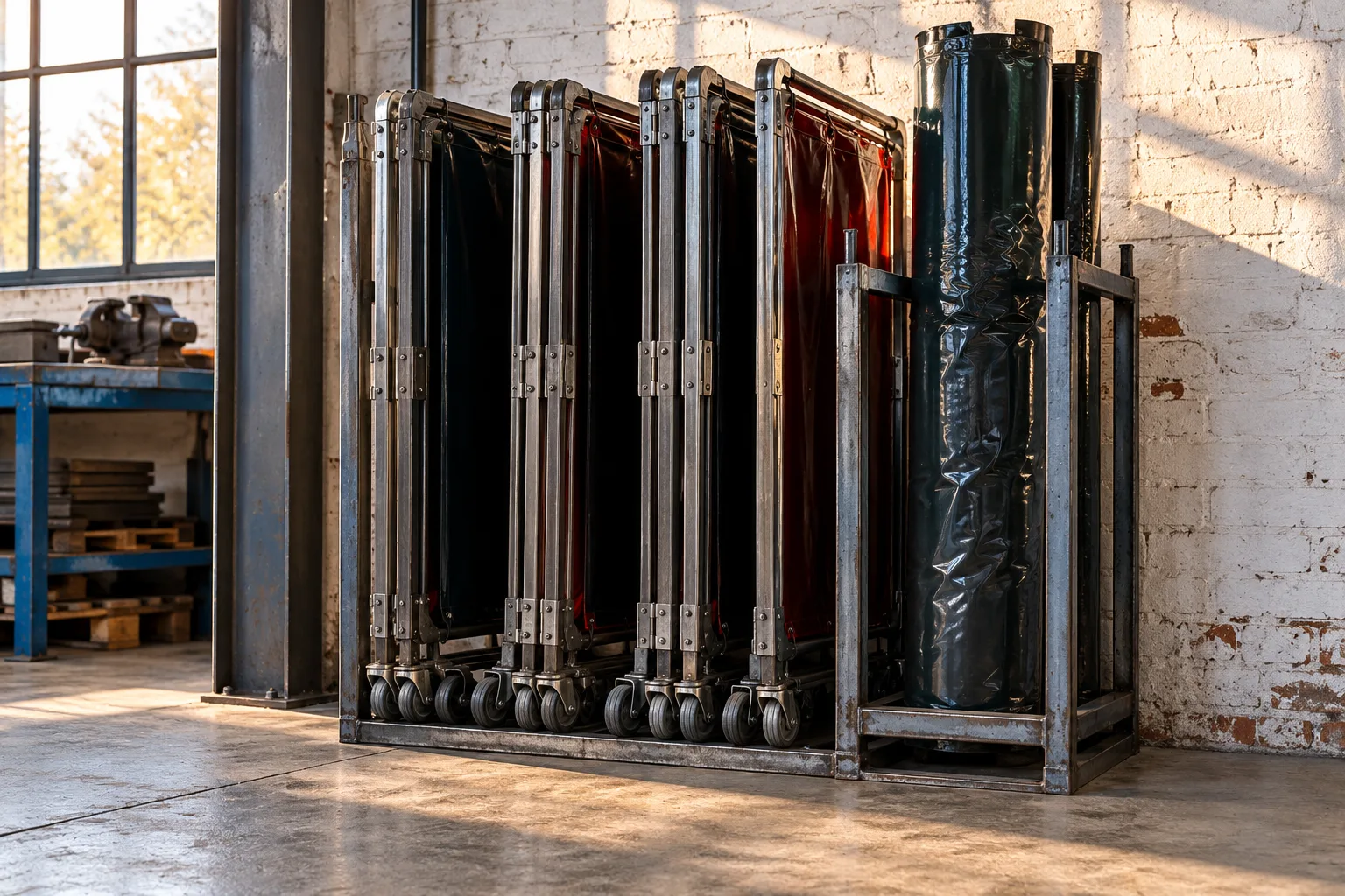 KI-generierte Illustration: Zusammengelegte Schutzrahmen und ein aufgerollter Vorhang lagern in einer Wandnische.