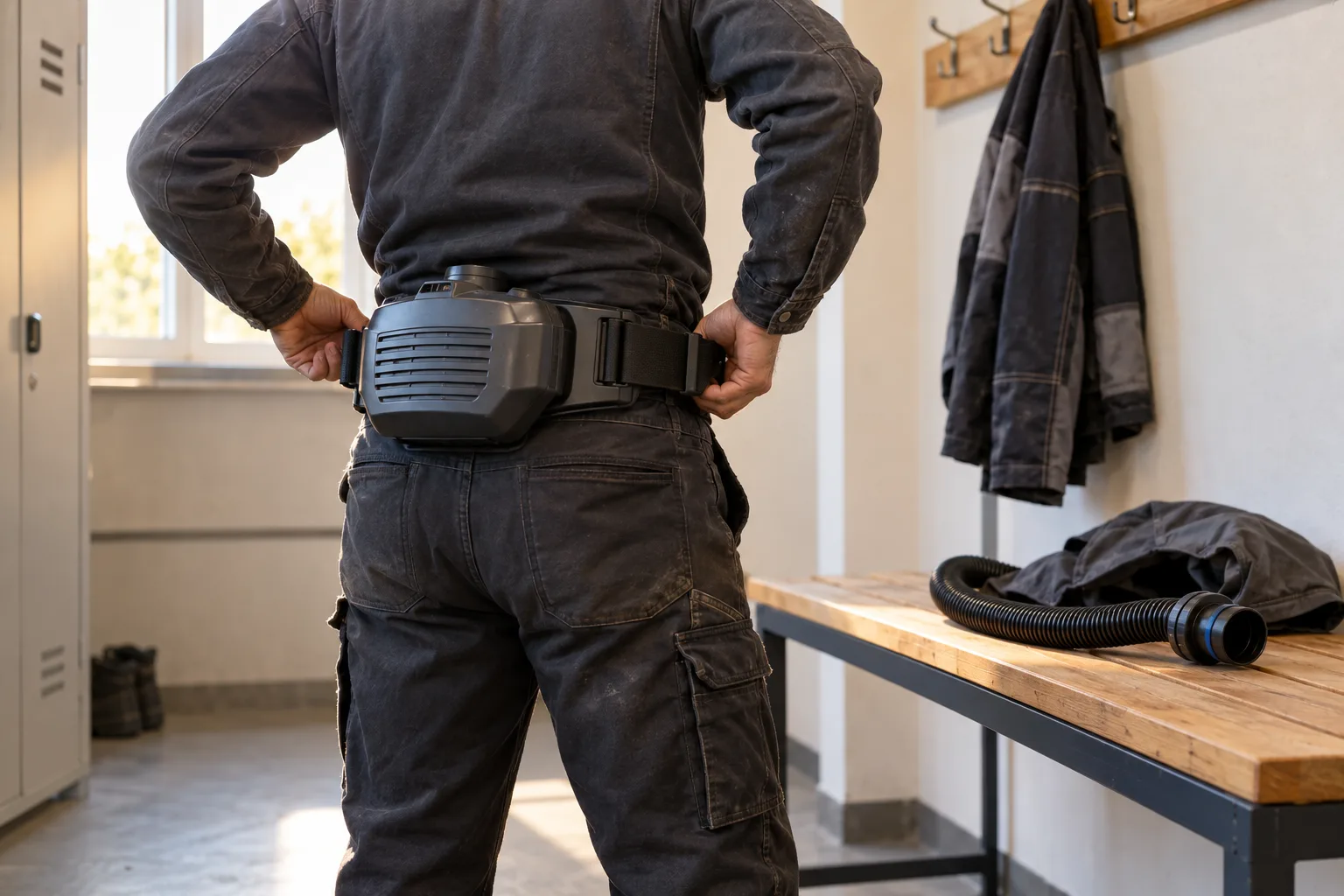 KI-generierte Illustration: In einem sauberen Umkleidebereich wird der Gürtel einer Gebläseeinheit am Körper angepasst; der Schlauch ist getrennt abgelegt.