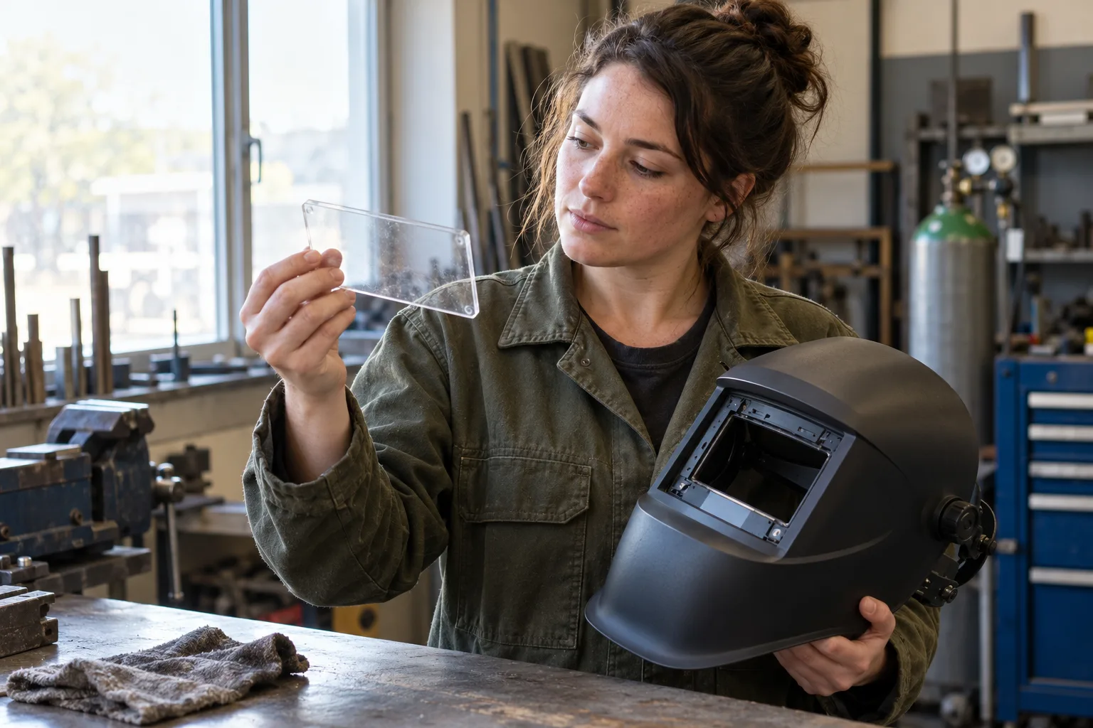 KI-generierte Illustration: Eine Handwerkerin hält einen Schweißhelm und eine einzelne klare Vorsatzscheibe in den Händen.