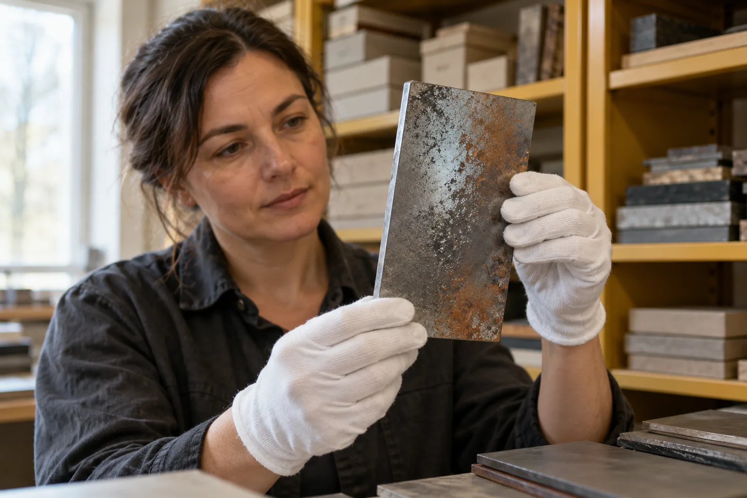 KI-generierte Illustration: Eine Fachperson betrachtet eine Metallprobe mit ungleichmäßiger Oberfläche im Materialarchiv, ohne sie zu bearbeiten.