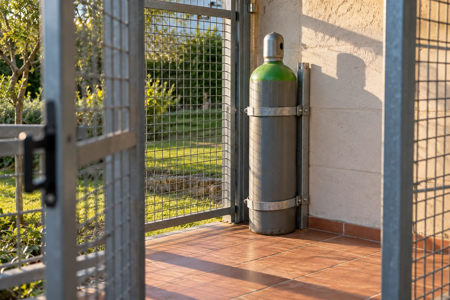 KI-generierte Illustration: Eine gesicherte Schutzgasflasche steht hinter dem Gitter eines kleinen Außenlagers im Abendlicht.