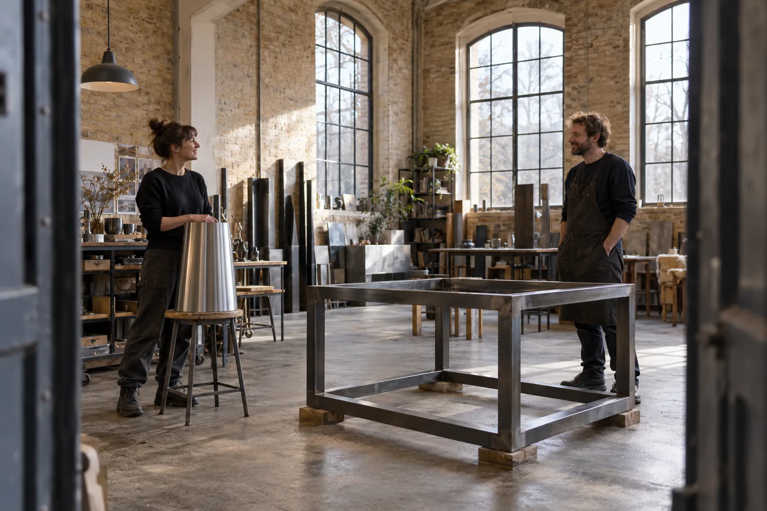 KI-generierte Illustration: Zwei Personen besprechen ein feines Lampenobjekt und einen massiven Möbelrahmen in einem hohen Atelier.