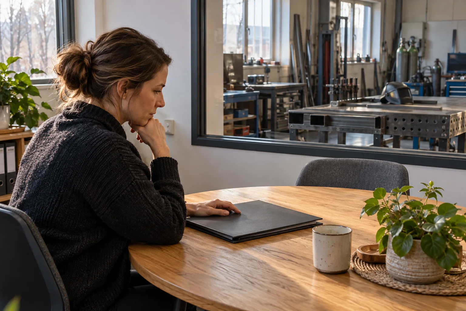 KI-generierte Illustration: Eine Planerin prüft Unterlagen im Werkstattbüro; dahinter liegt der ruhende Arbeitsbereich.