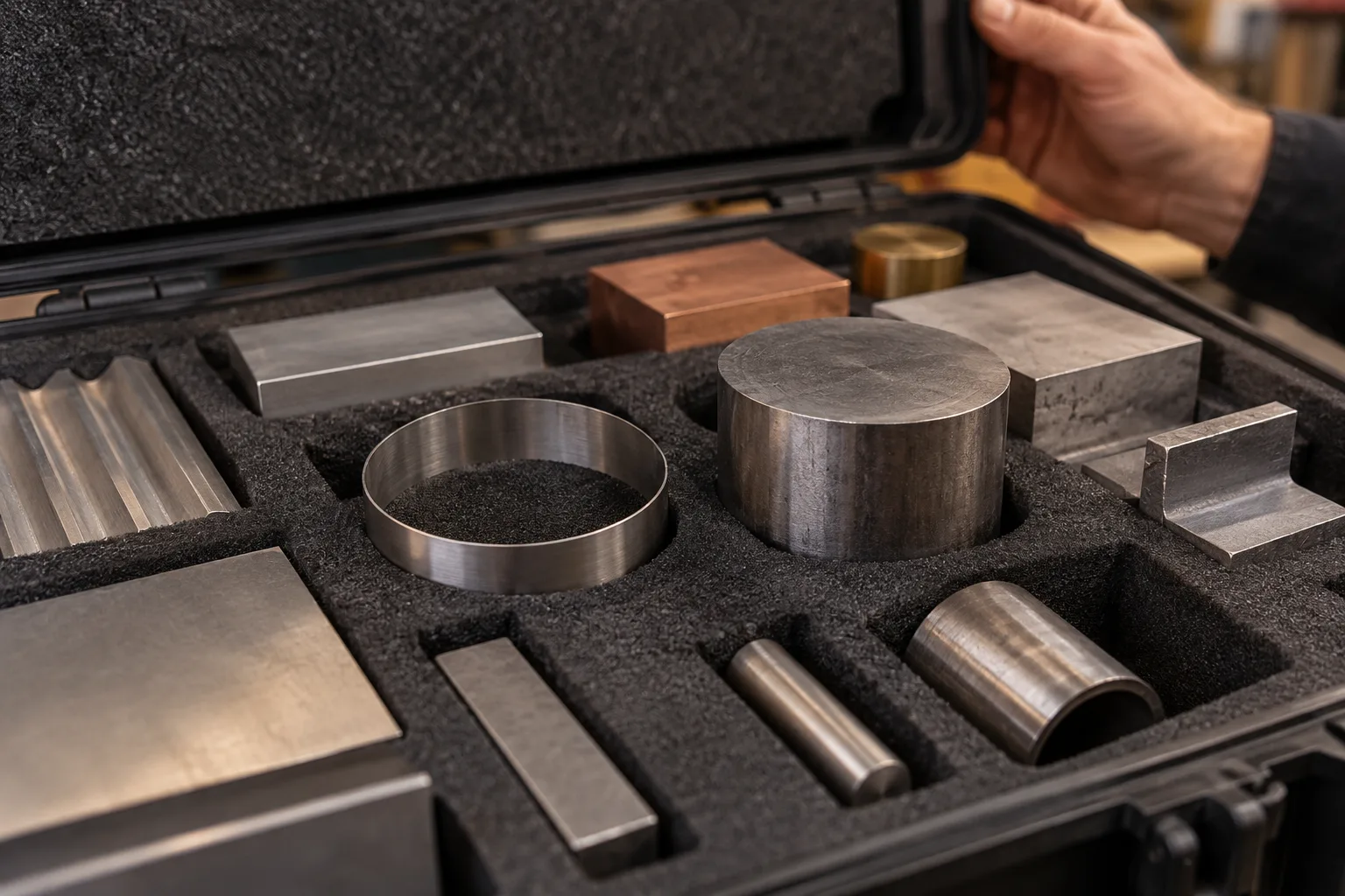 KI-generierte Illustration: Ein dünner Metallring und ein massiver Stahlabschnitt liegen geschützt in einem geöffneten Probenkoffer.