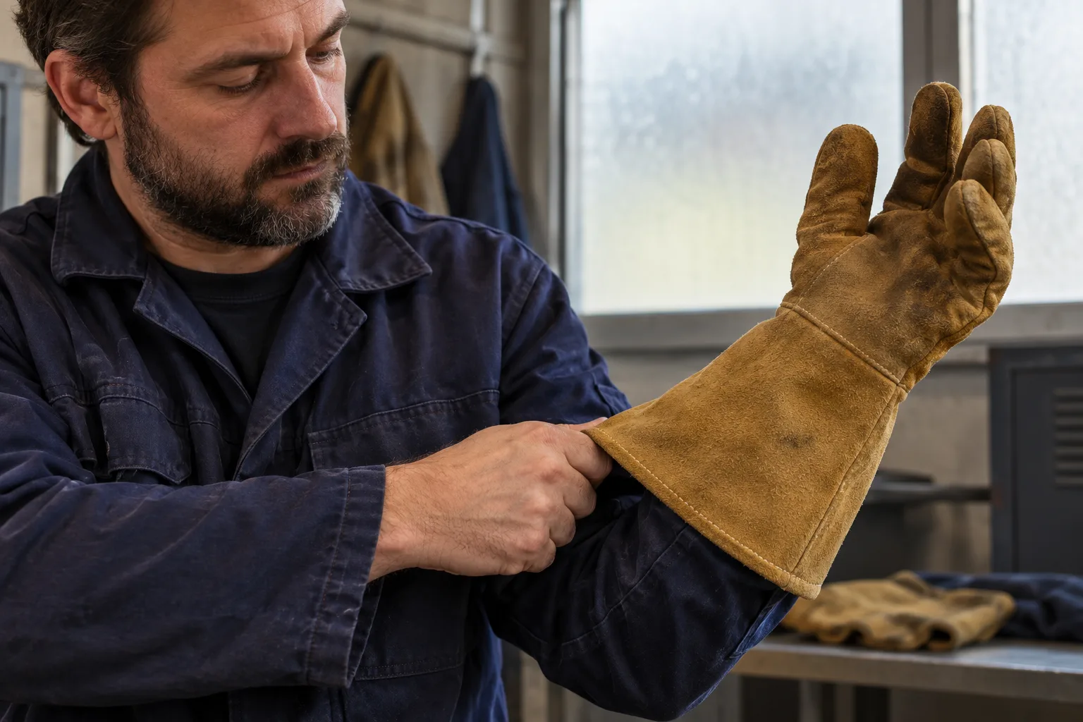 KI-generierte Illustration: Eine lange Lederstulpe wird über den Ärmel einer Arbeitsjacke gezogen.