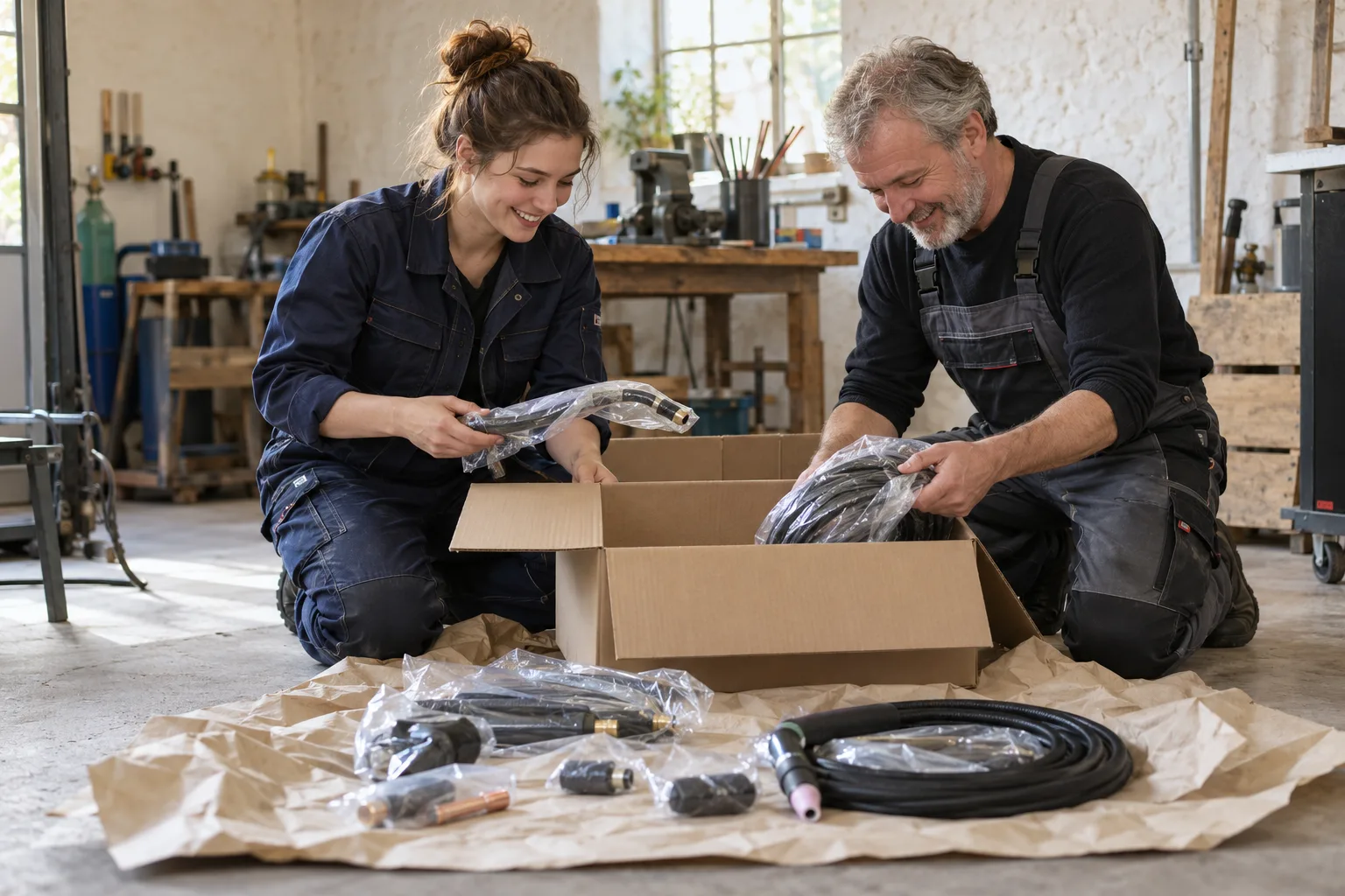 KI-generierte Illustration: Zwei Personen packen getrennt verpackte Brenner- und Leitungsteile auf Packpapier aus.