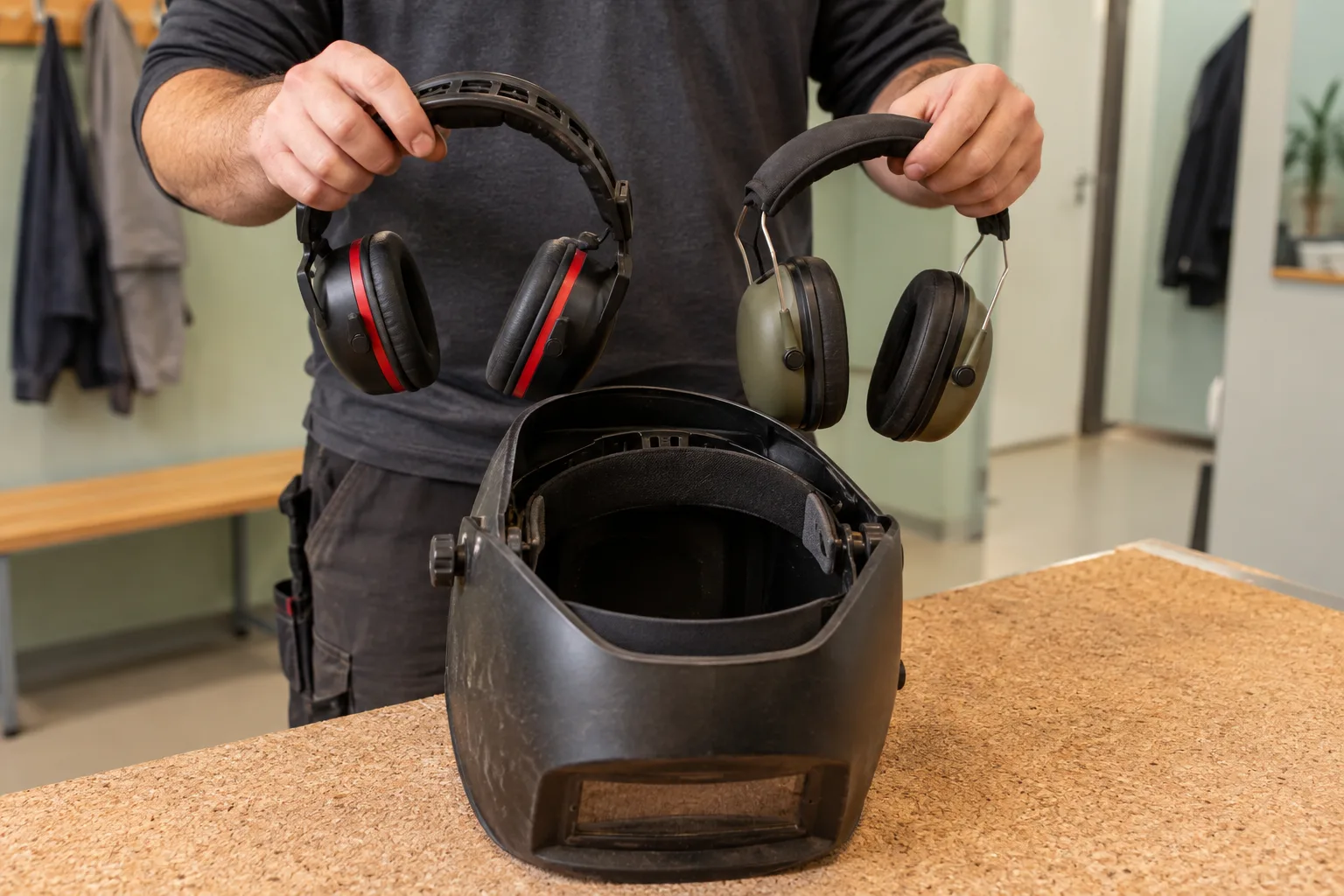 KI-generierte Illustration: Zwei getrennte Gehörschutzbügel werden neben einem leeren Schweißhelm betrachtet.