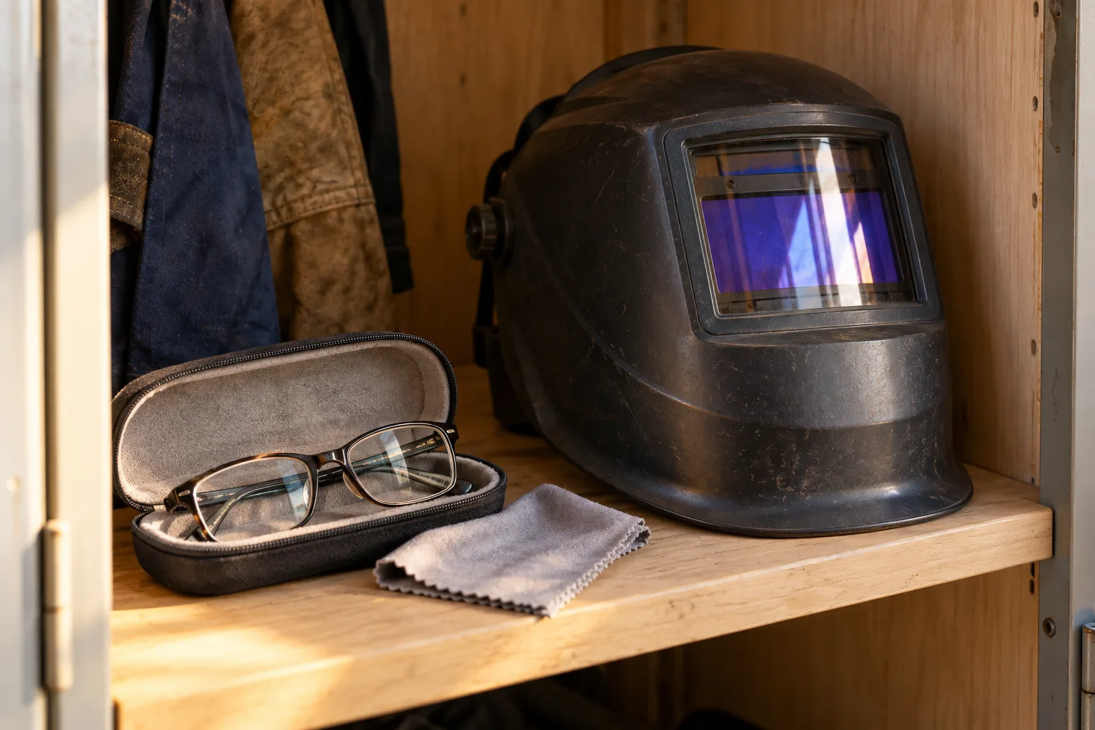 KI-generierte Illustration: Eine gefaltete Brille im Etui liegt zusammen mit einem Putztuch neben einem abgelegten Schweißhelm.