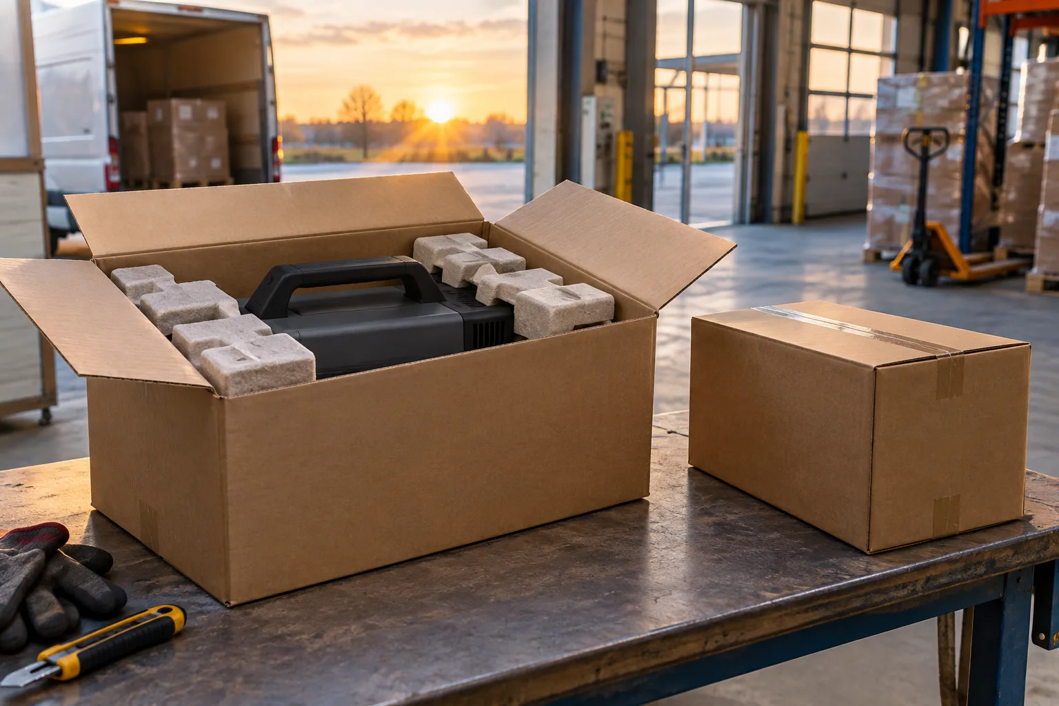 KI-generierte Illustration: Zwei unterschiedlich große Versandkartons stehen am Packplatz; einer zeigt die Formverpackung eines Geräts.