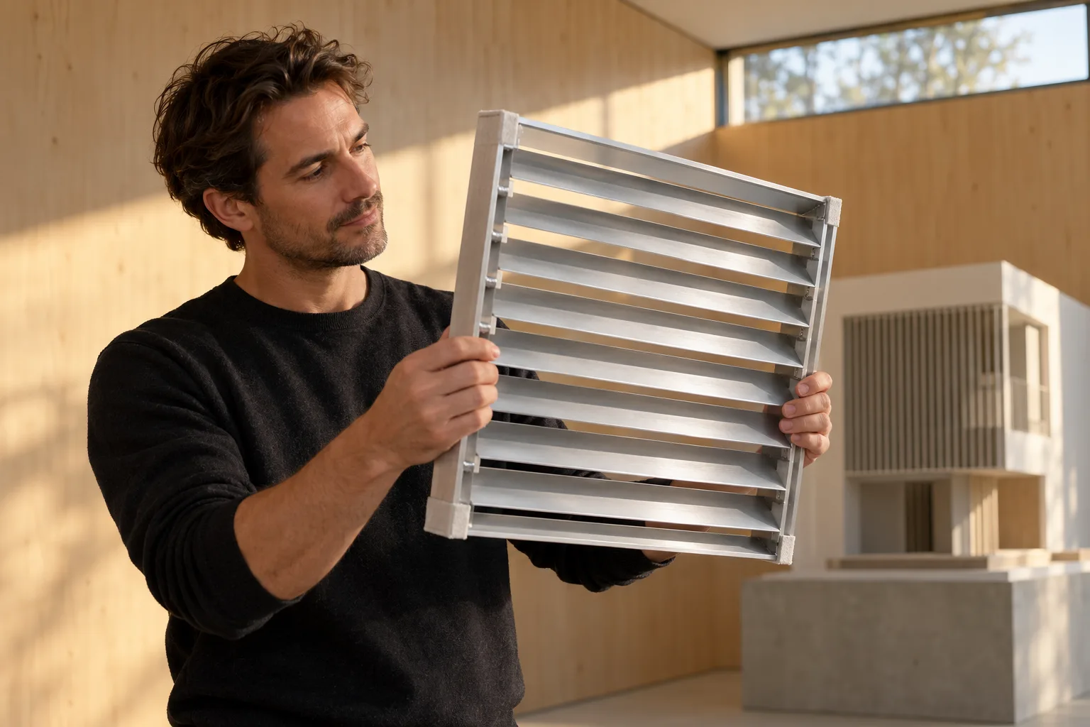 KI-generierte Illustration: Ein Planer betrachtet ein leichtes Aluminium-Lamellenmuster vor einer hellen Holzwand.