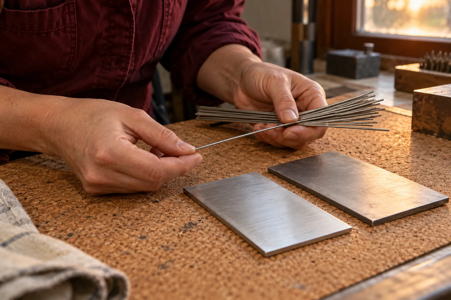 KI-generierte Illustration: Dünne Zusatzstäbe werden neben zwei flachen Metallproben betrachtet.