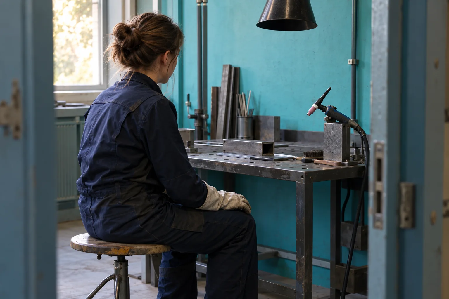 KI-generierte Illustration: Eine Metallhandwerkerin sitzt in einer ruhigen WIG-Kabine; der Brenner liegt unbenutzt in seiner Ablage.