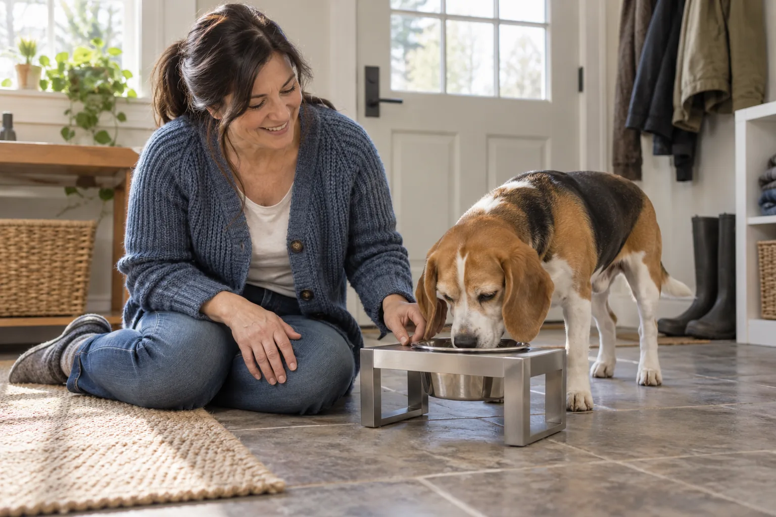 Eine Frau sitzt neben einem Hund, der aus einer Schale in einem niedrigen Edelstahl-Gestell trinkt.