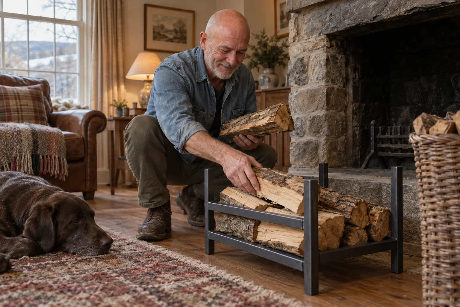 Ein Mann legt Holzscheite in ein fertiges Stahlgestell neben einem unbefeuerten Kamin.