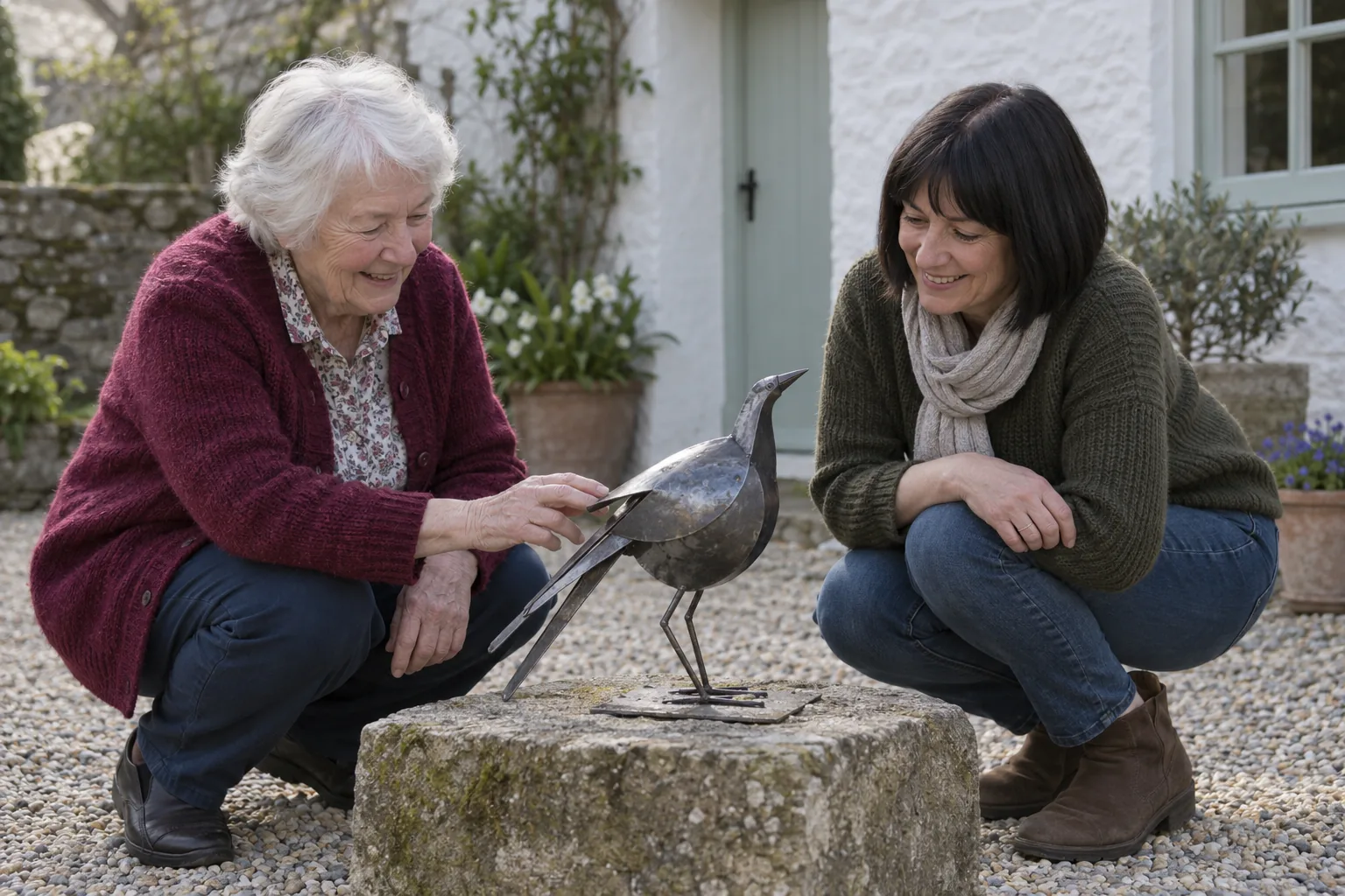 Zwei Frauen betrachten eine kleine fertige Vogelskulptur aus Stahl auf einem Steinpodest im Innenhof.