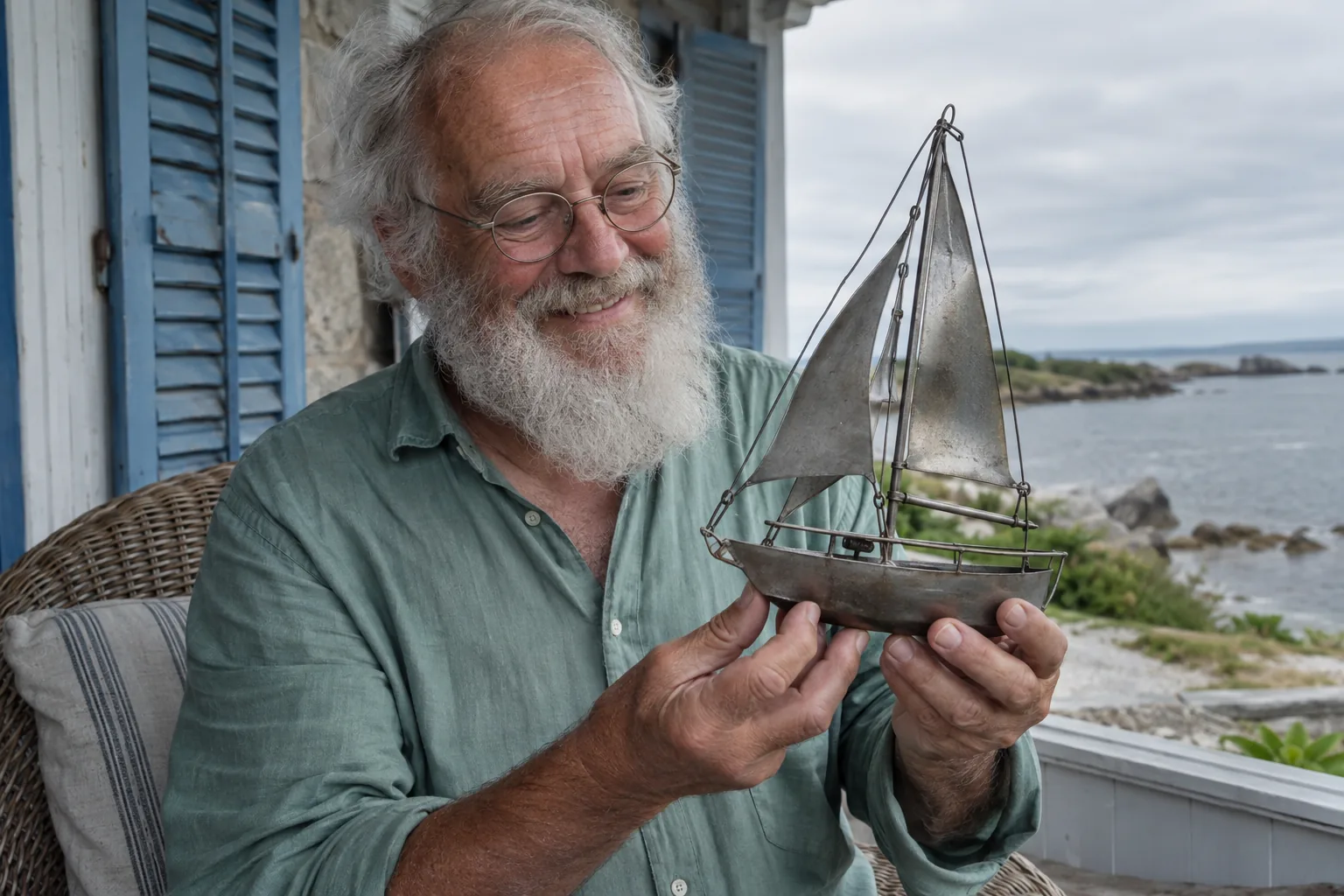 Ein älterer Mann hält lächelnd ein kleines fertiges Segelboot aus Metall vor einer geschützten Veranda.