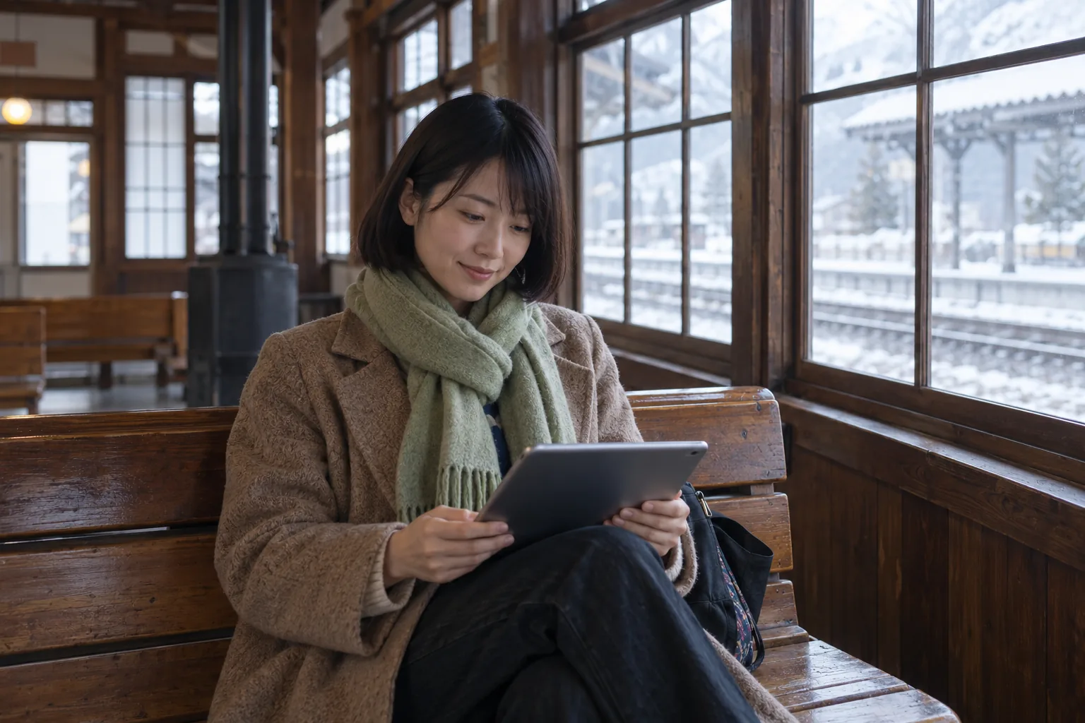 KI-generierte Illustration: Eine junge Frau liest konzentriert auf einem Tablet in einer ruhigen Bahnhofshalle.