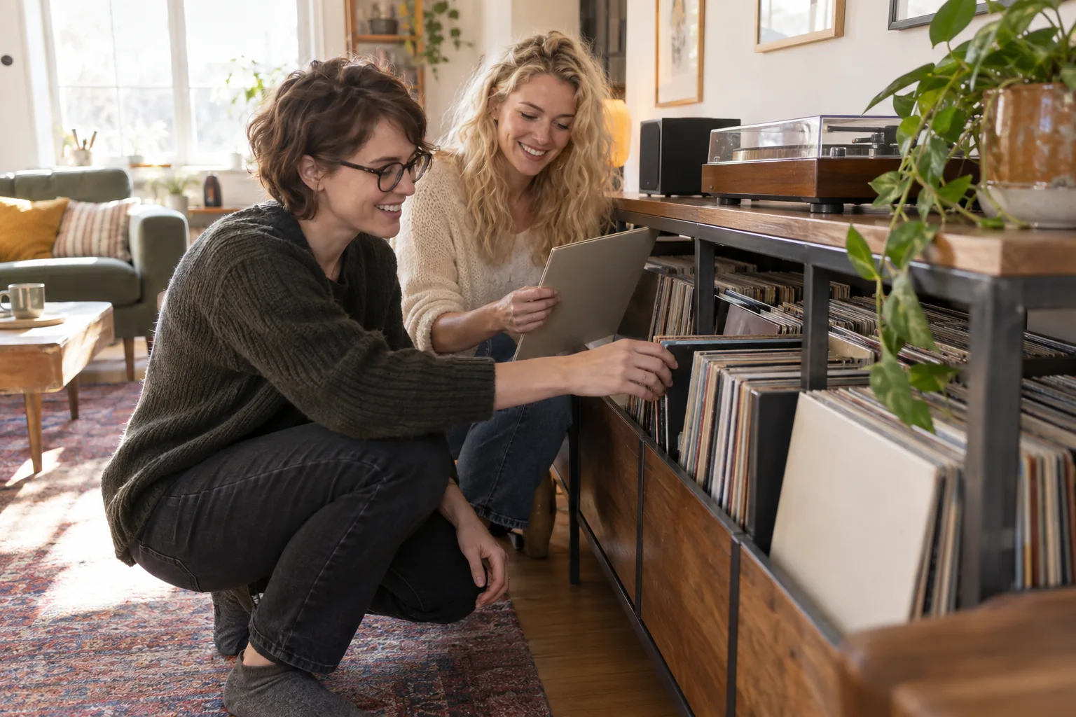 Zwei Frauen ordnen Schallplatten in einem fertigen niedrigen Regal aus Stahl und Holz im Wohnzimmer.
